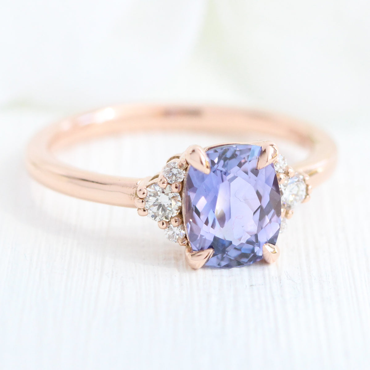 Cushion lavender purple sapphire engagement ring rose gold 3 stone diamond ring la more design jewelry