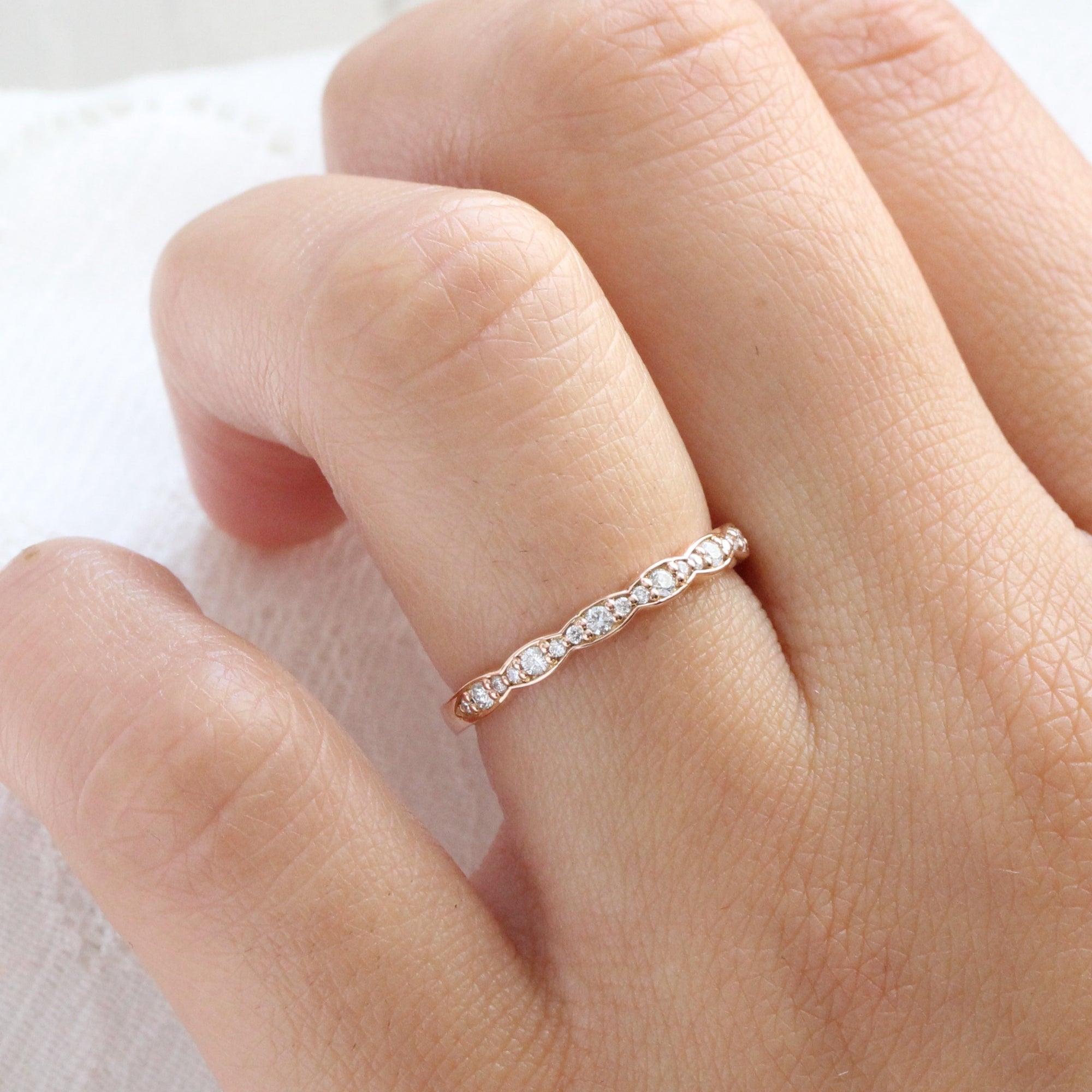 Rose Gold Scalloped Diamond Wedding Ring in Half Eternity Band