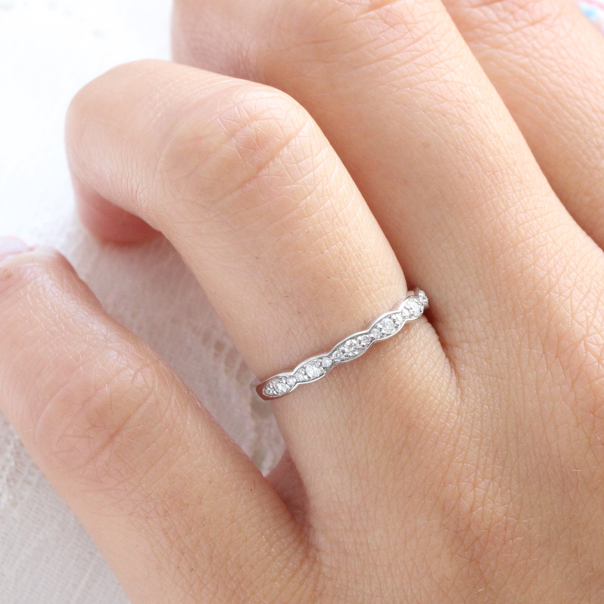 Scalloped Diamond Wedding Ring in Vintage Style Half Eternity Band
