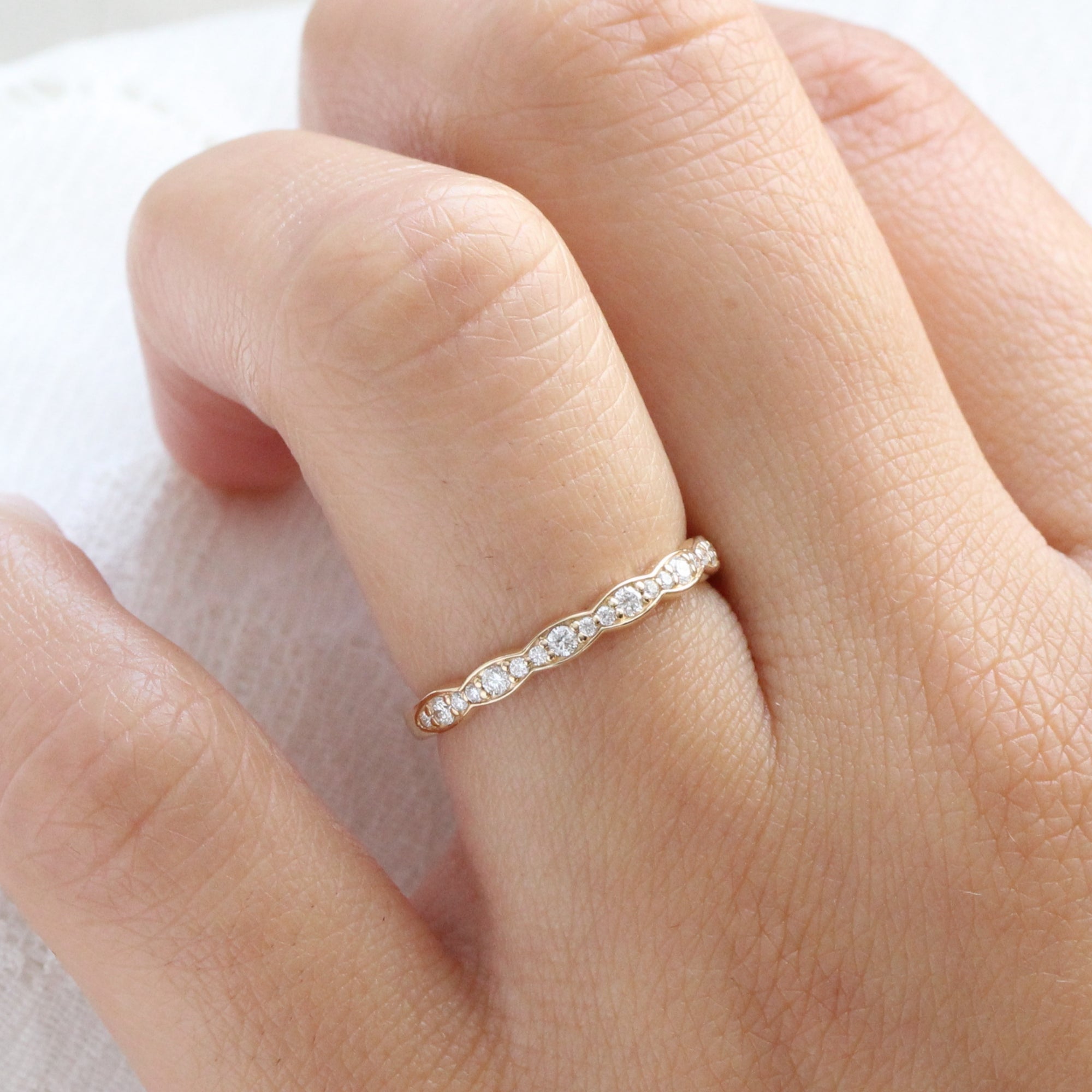 Scalloped Diamond Wedding Ring in Vintage Style Half Eternity Band