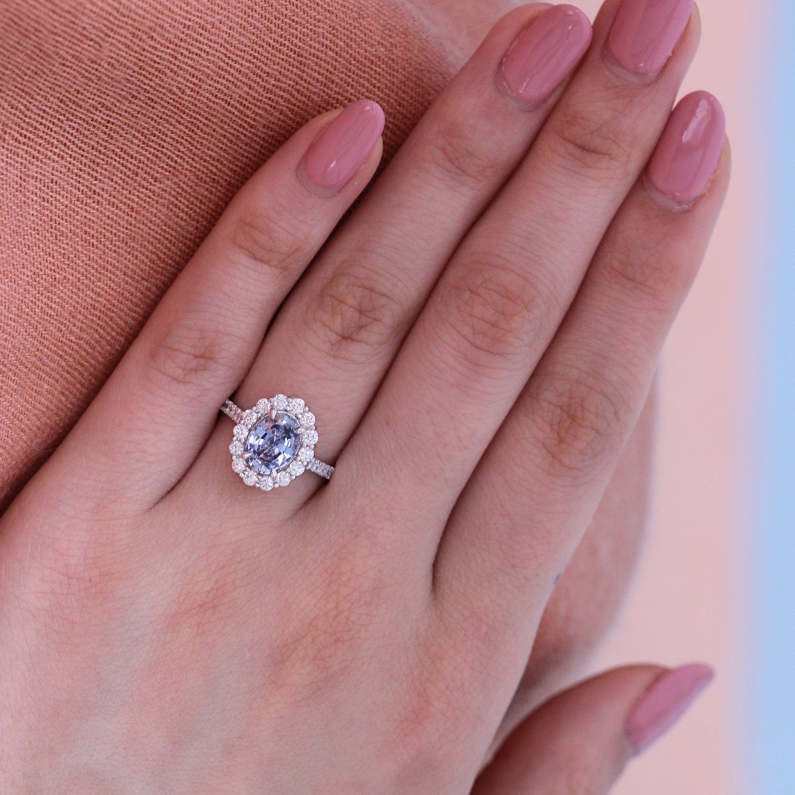 Oval Blue Sapphire Engagement Ring White Gold Halo Cluster Diamond