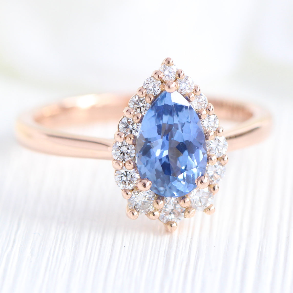 Halo diamond ceylon sapphire ring rose gold pear engagement ring la more design jewelry