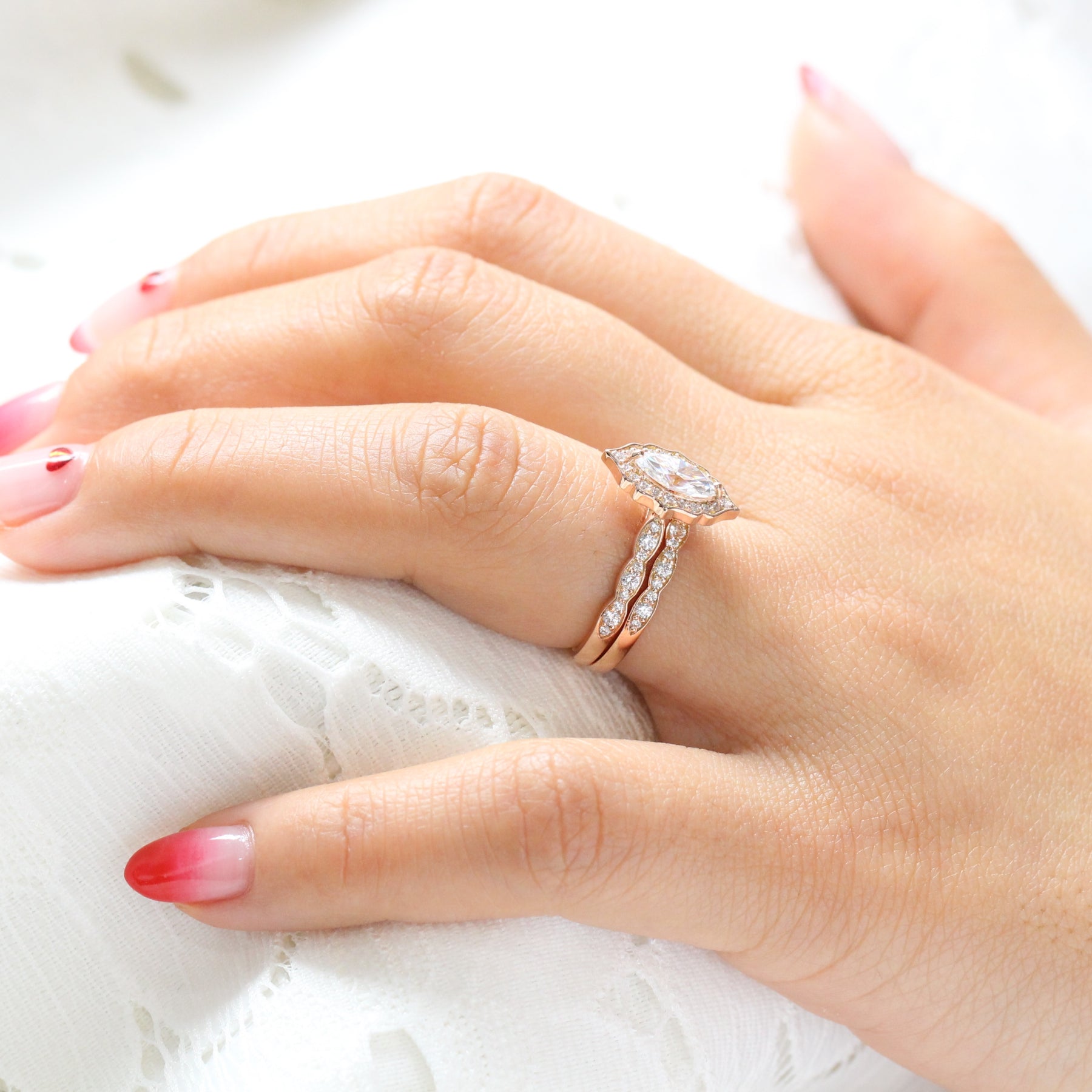 Marquise Moissanite Ring Bridal Set Rose Gold Halo Diamond Wedding