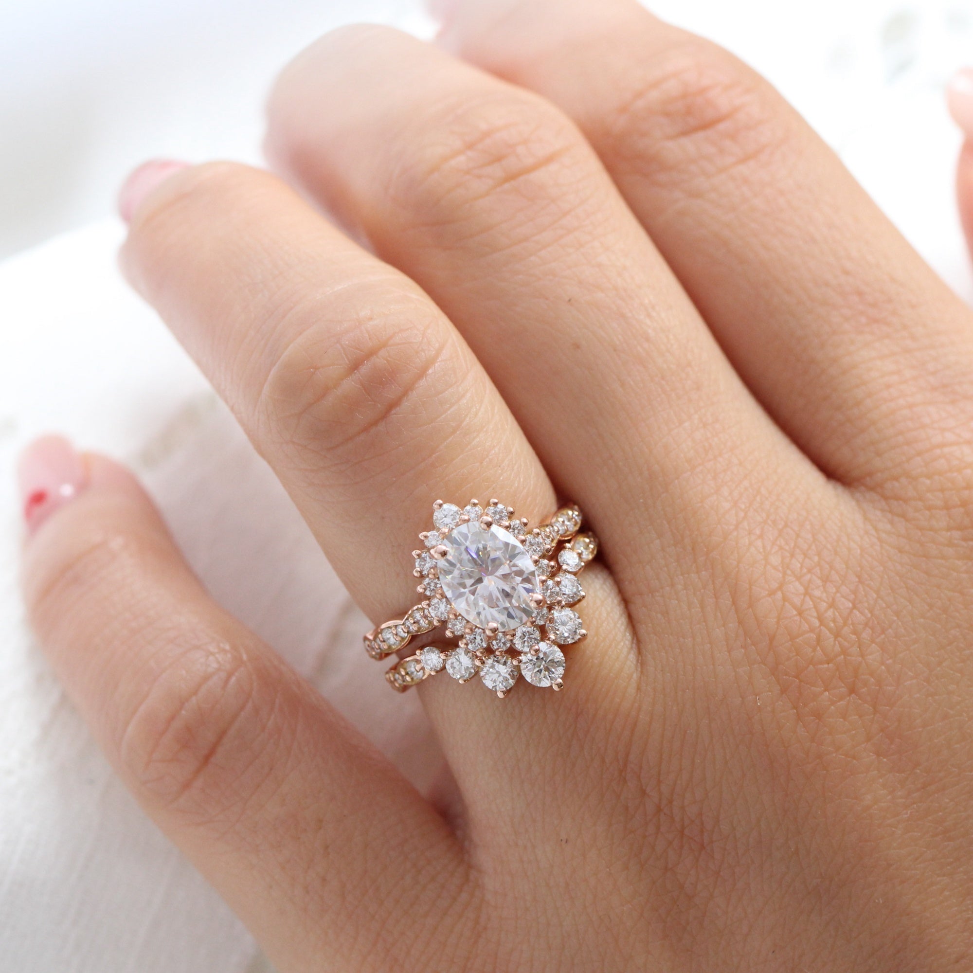 Rose Gold Ring Deep Contour Wedding Band Large Diamond Wedding