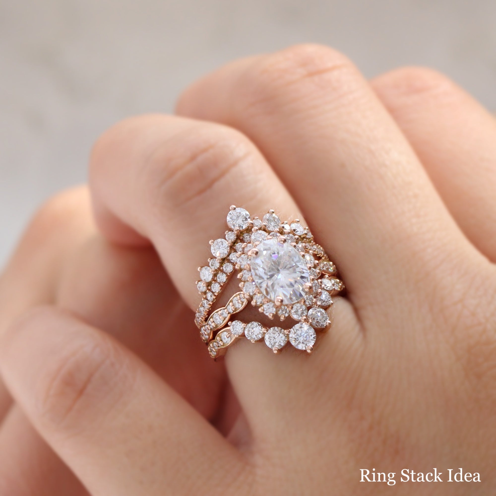 Halo diamond oval moissanite ring rose gold eternity diamond wedding ring stack la more design jewelry
