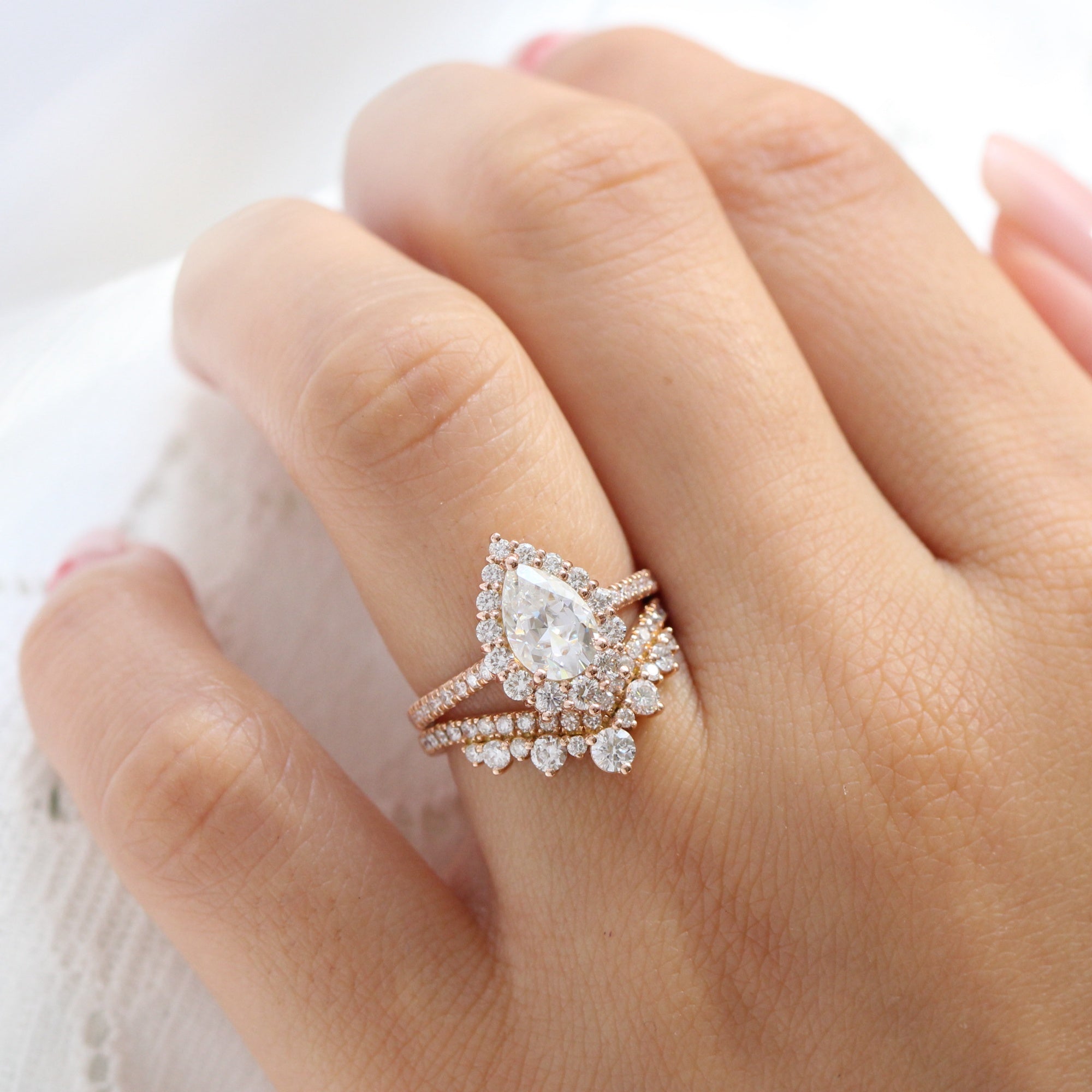 Large Pear Moissanite Engagement Ring Gold Deep V Diamond Wedding