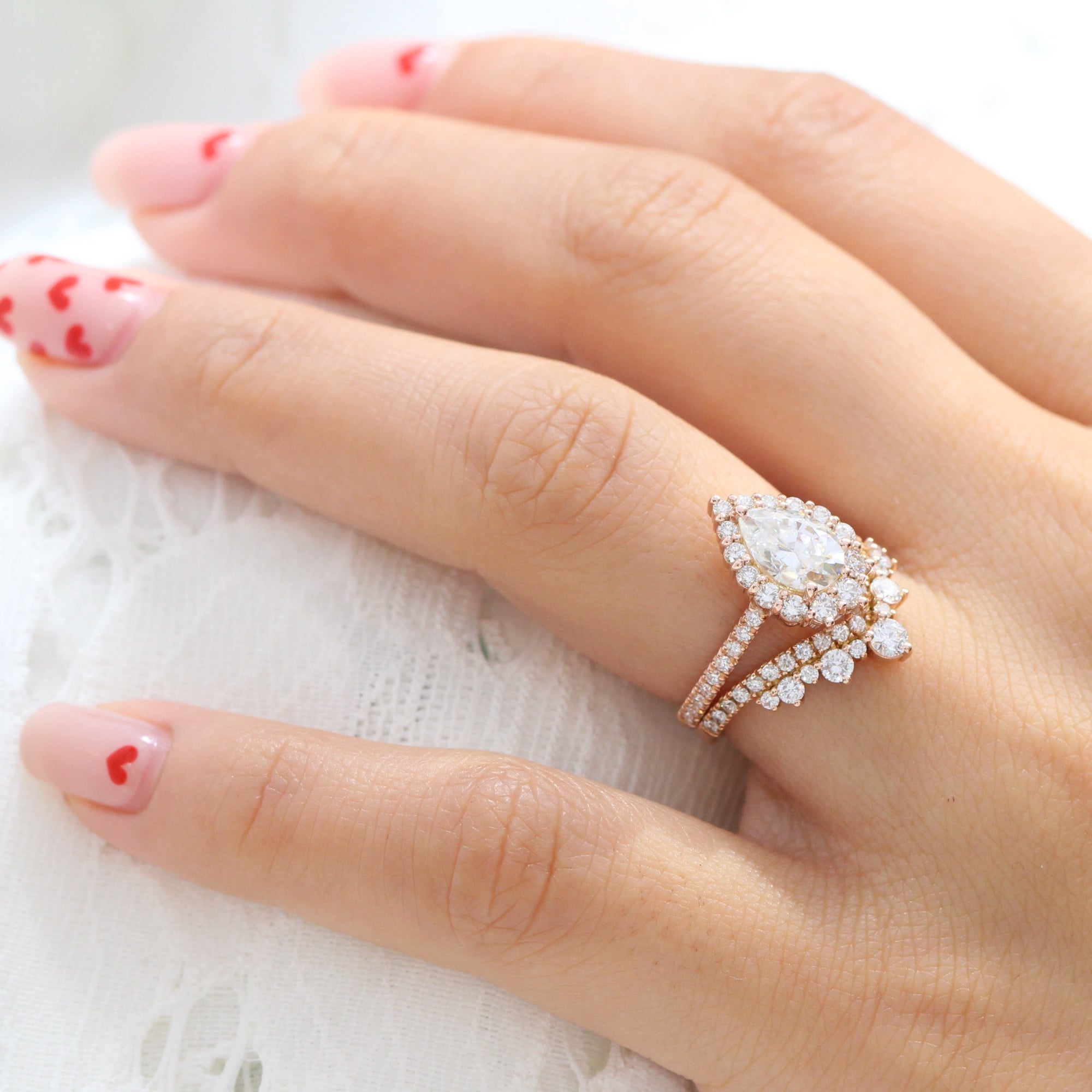 Halo diamond pear moissanite ring rose gold v shape diamond wedding ring stack la more design jewelry