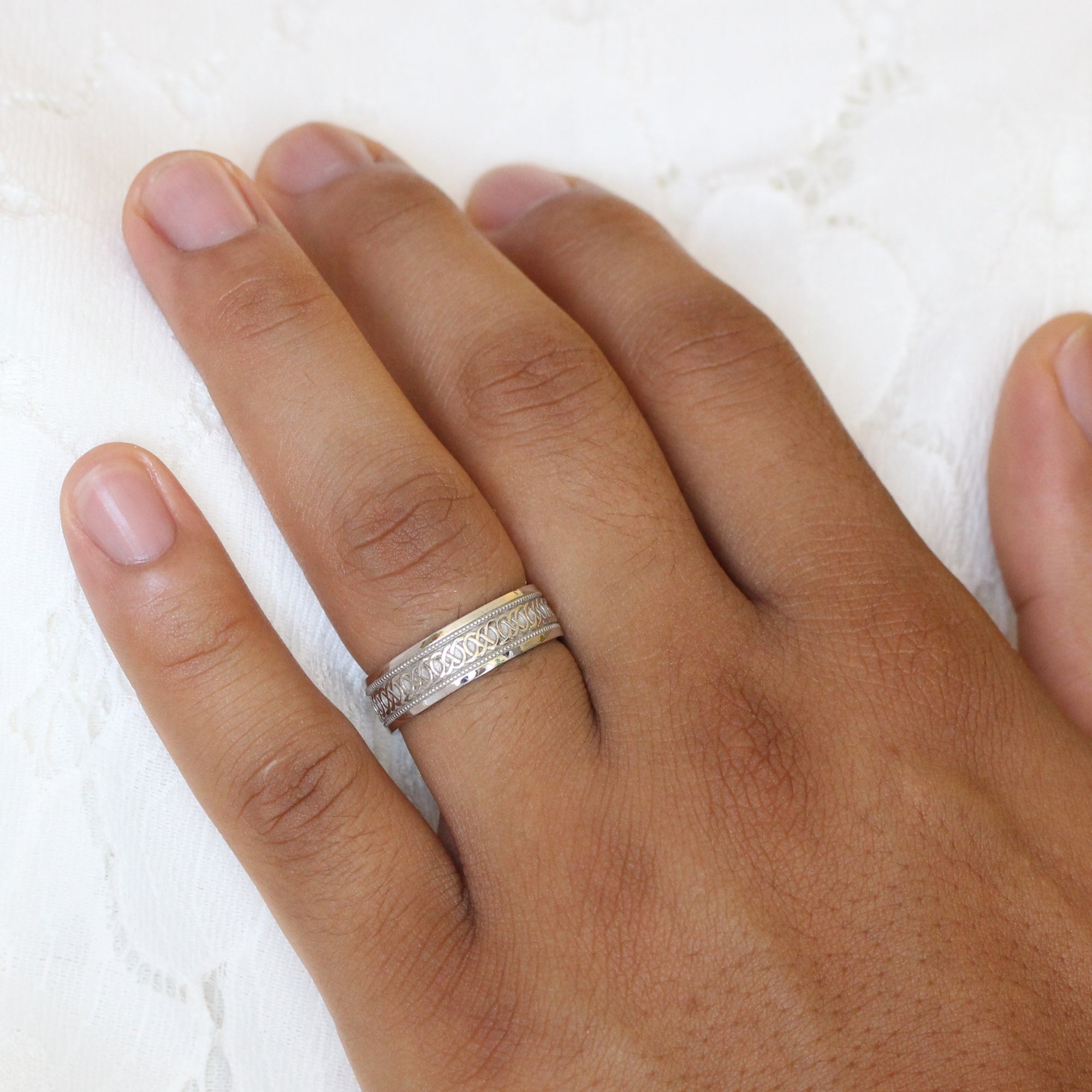 Eternity Celtic Knot Wedding Band White Gold Mens Wedding Ring 7mm