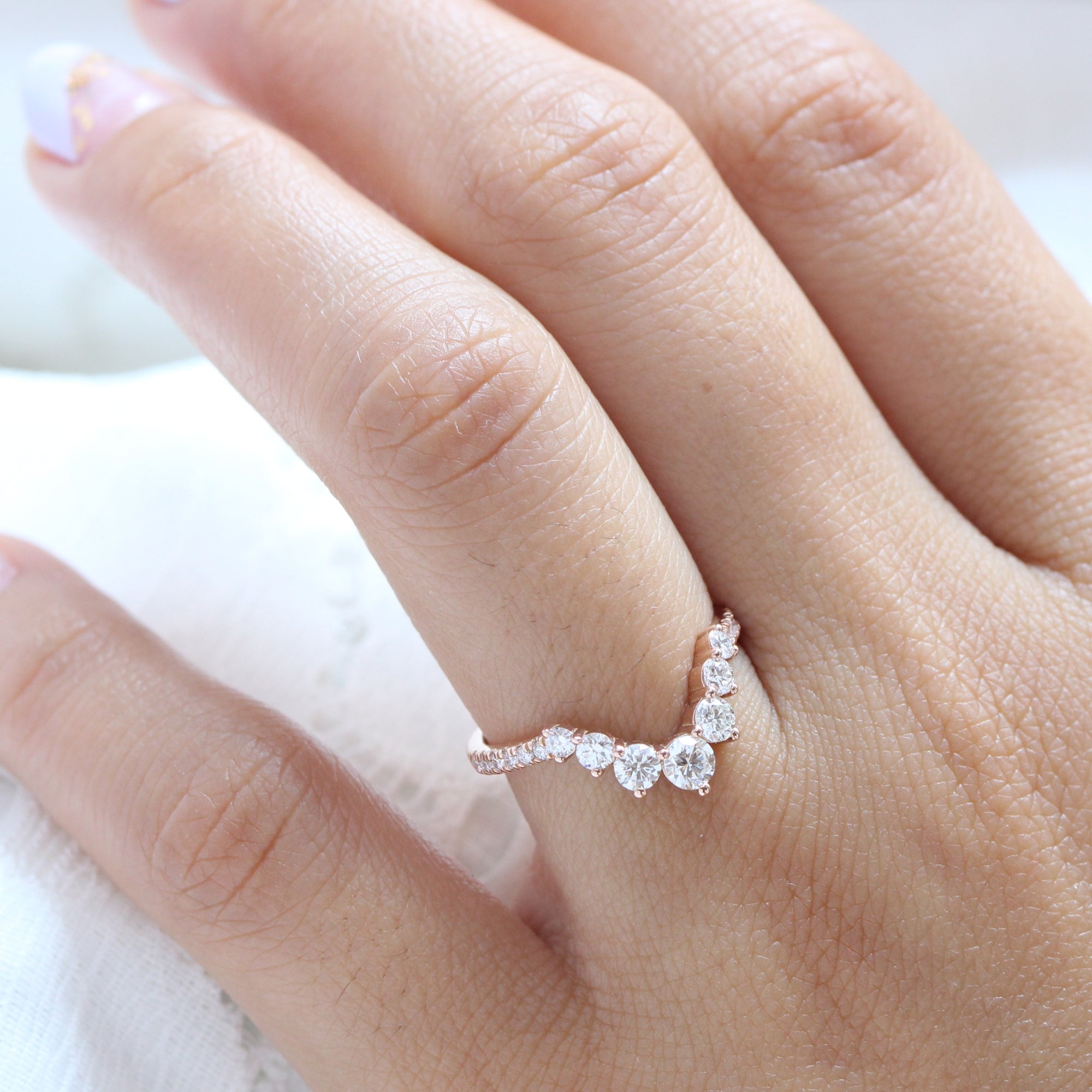 Large Diamond Wedding Ring Rose Gold U Curved Pave Diamond Band