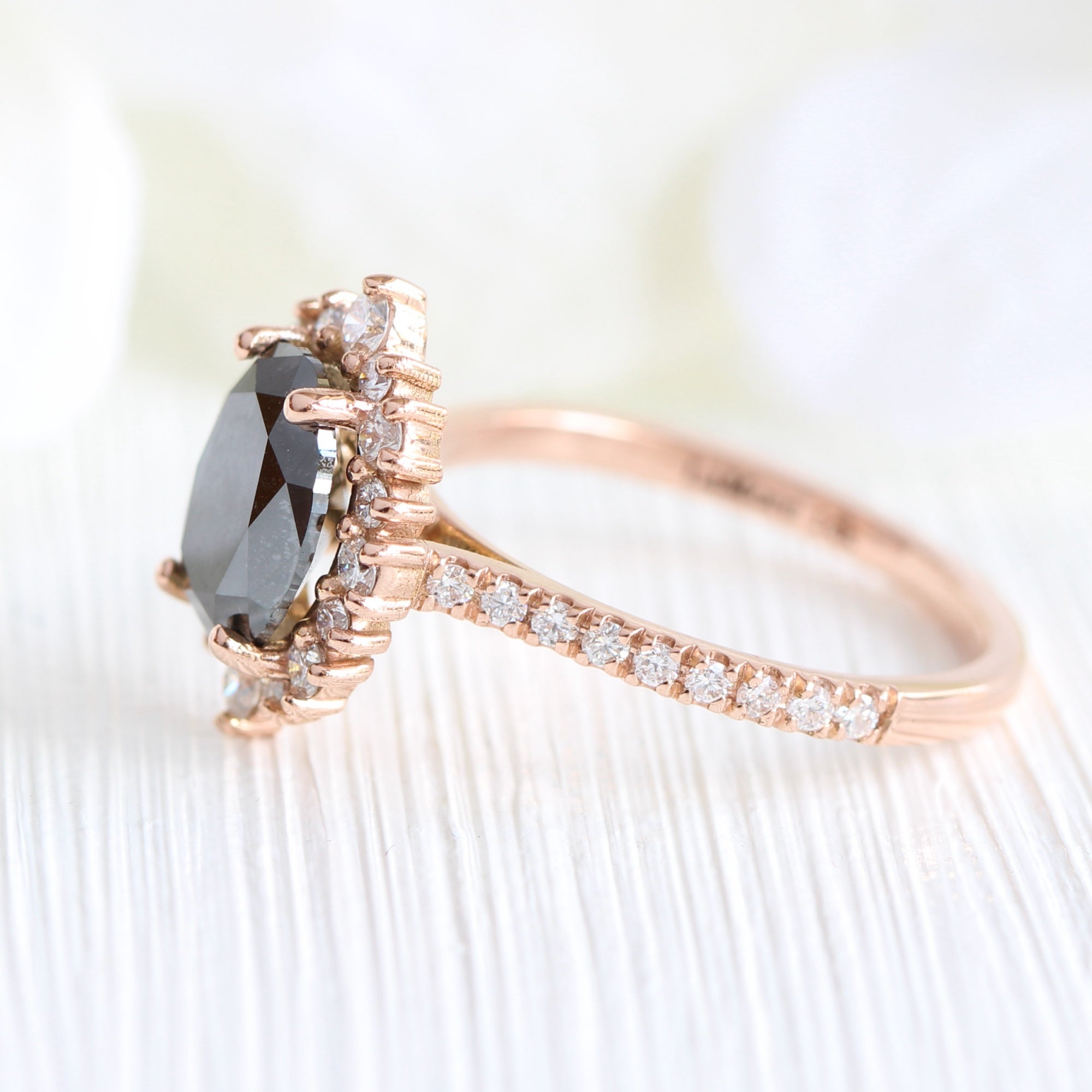 Large Black Diamond Engagement Ring Rose Gold Halo Diamond Cluster Ring by La More Design Jewelry
