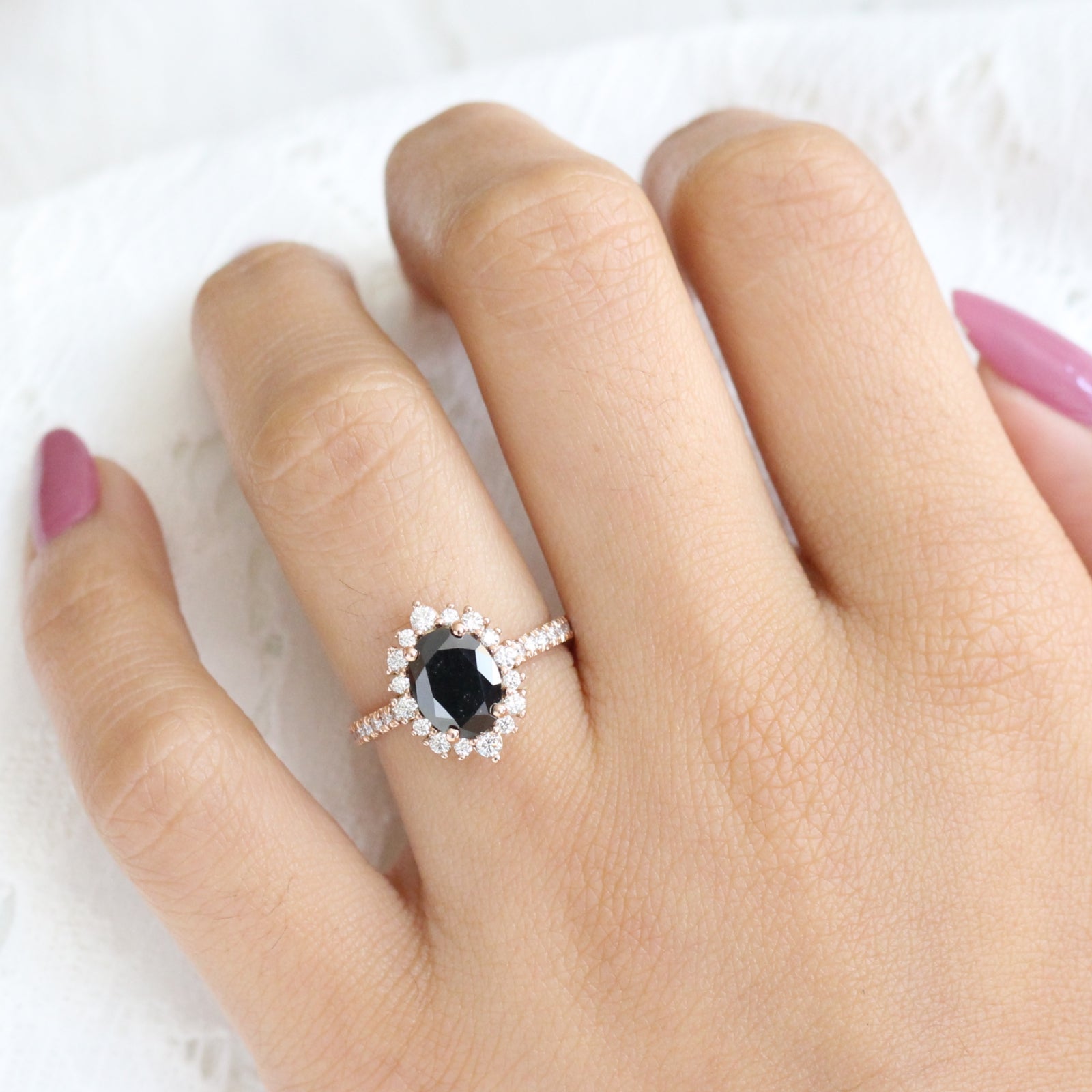 Large Black Diamond Engagement Ring in Rose Gold Halo Diamond Cluster Ring by La More Design Jewelry