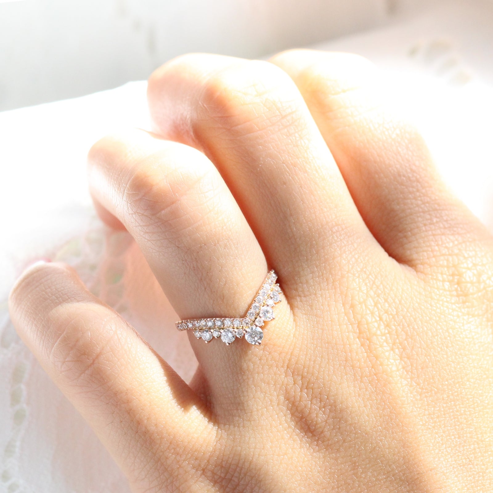 Large Diamond Wedding Ring Rose Gold V Shaped Diamond Wedding Band