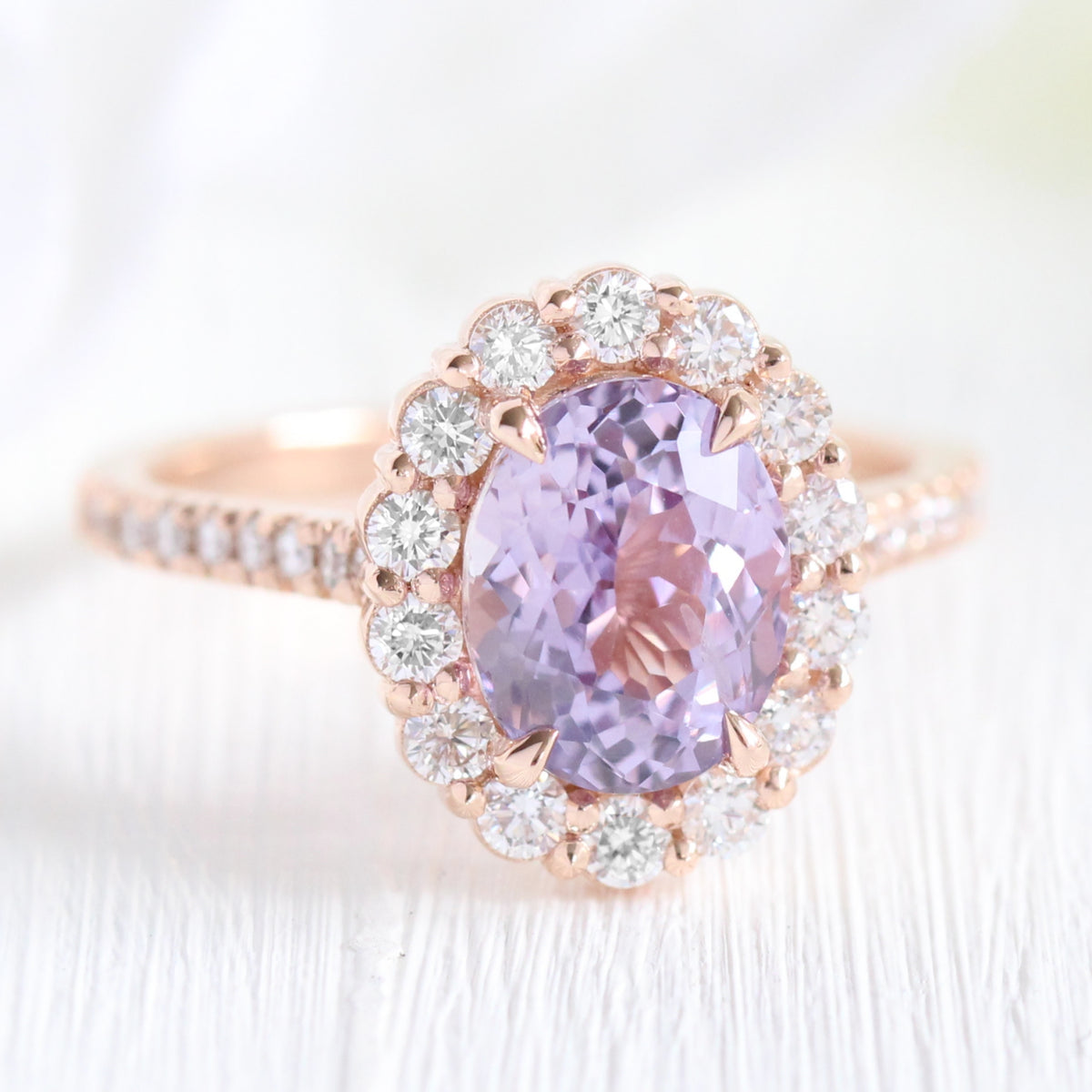 Large lavender purple sapphire engagement ring rose gold in halo diamond cluster ring by la more design jewelry