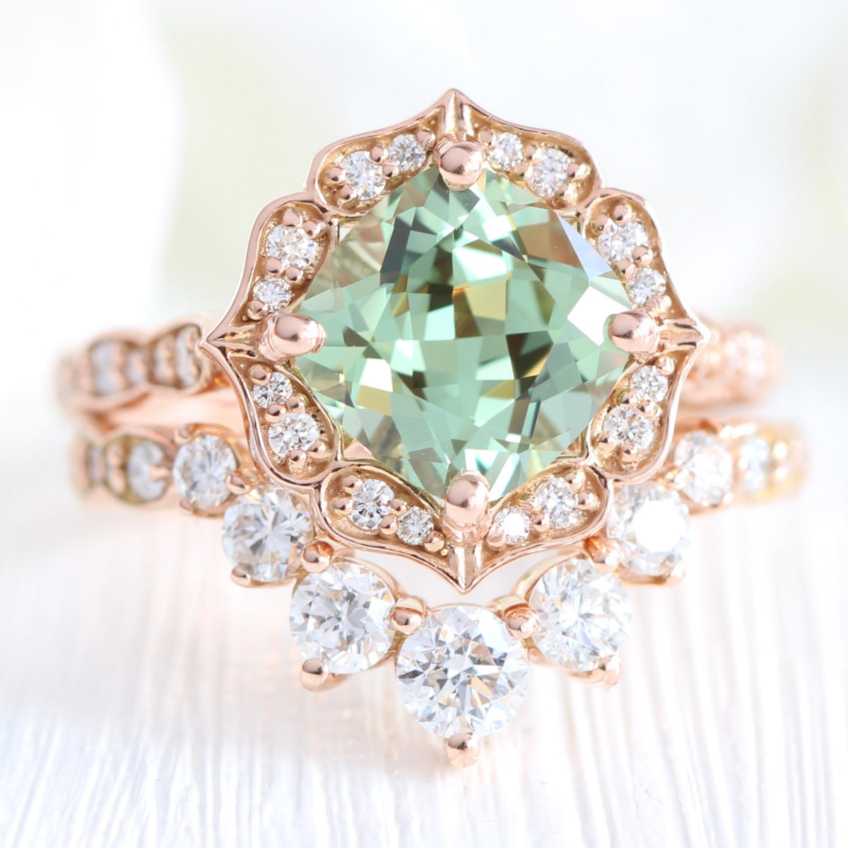 Large cushion green sapphire ring rose gold deep curved diamond wedding band la more design jewelry
