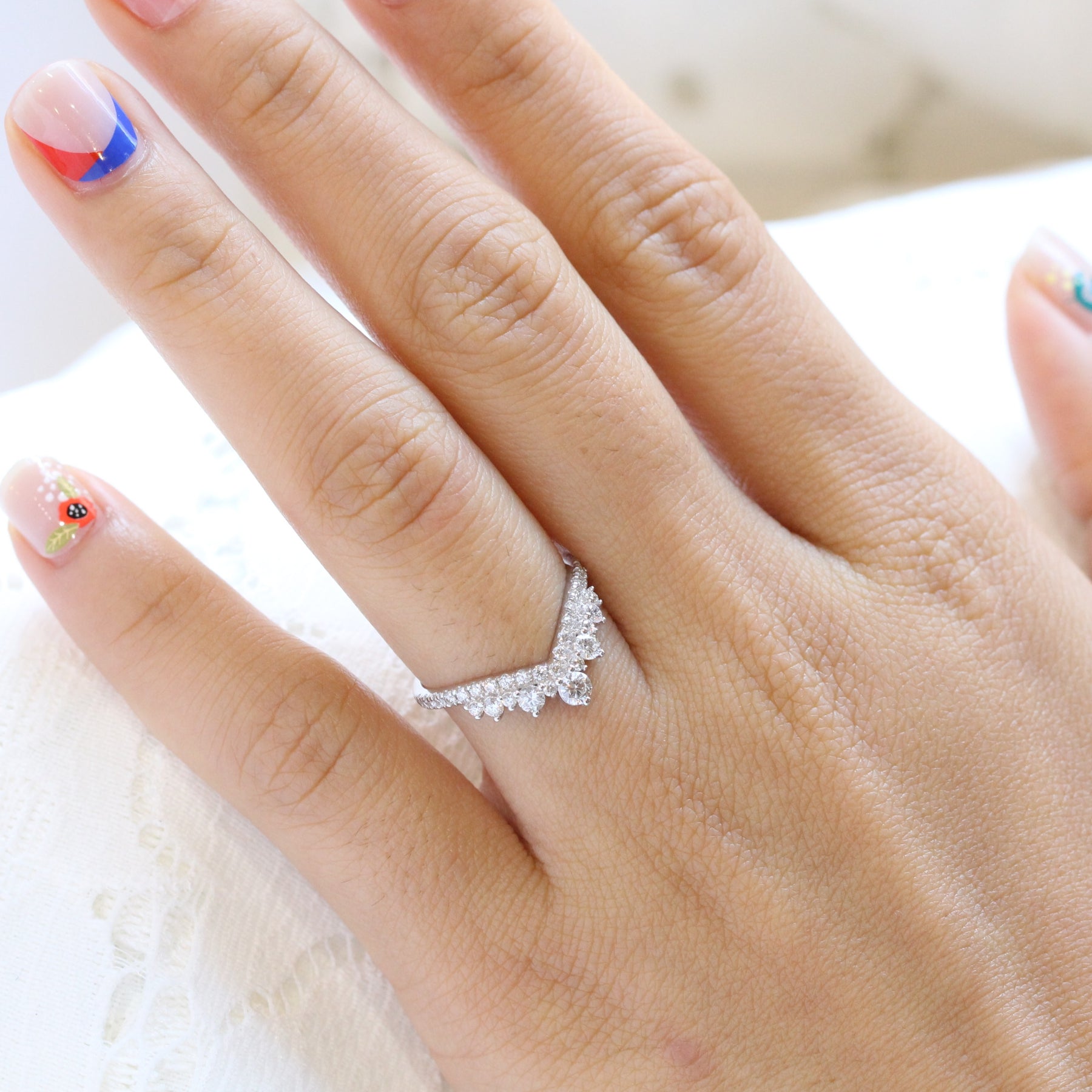 Large Diamond Wedding Ring White Gold V Shaped Pave Diamond