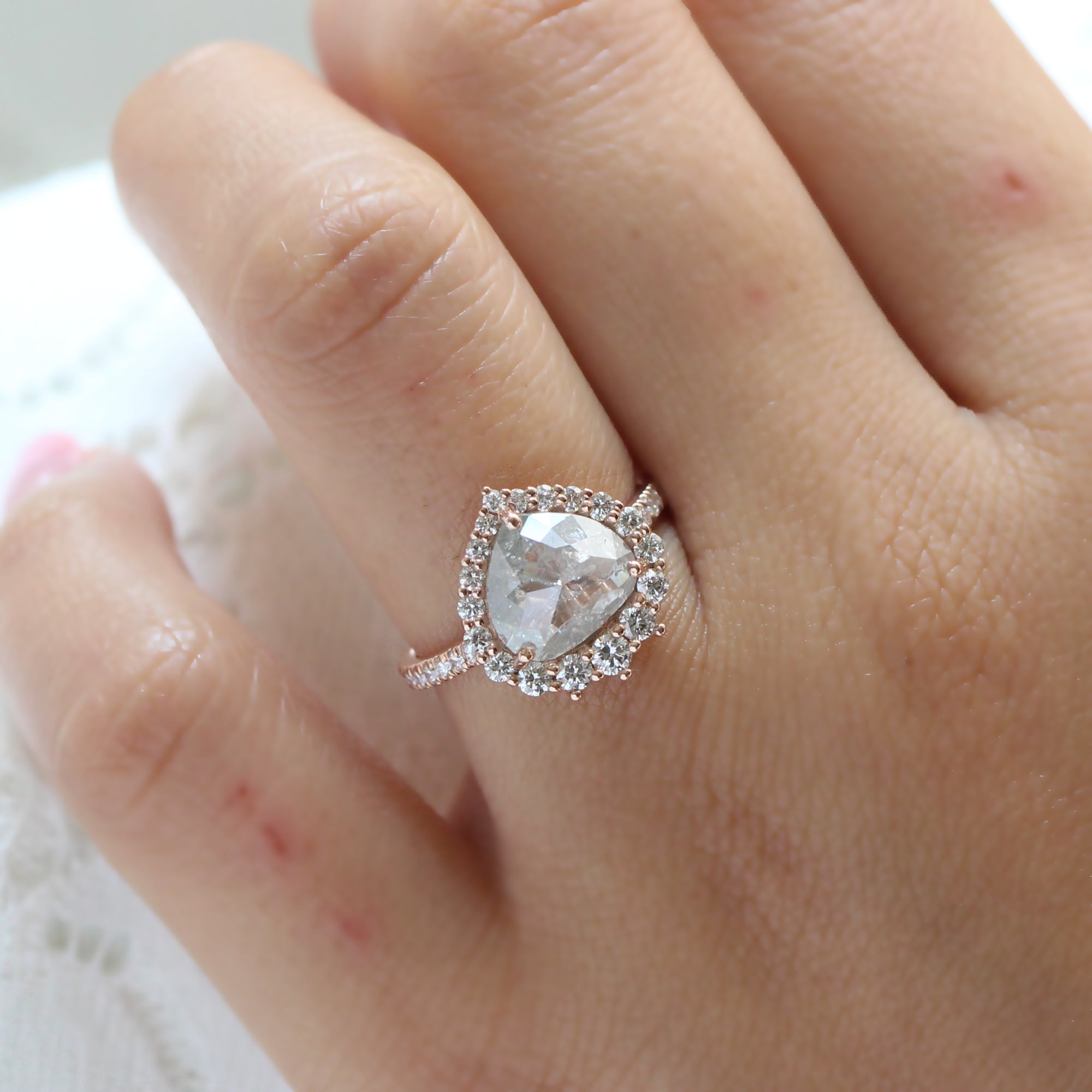 Large Salt and Pepper Diamond Engagement Ring Rose Gold Halo Pear