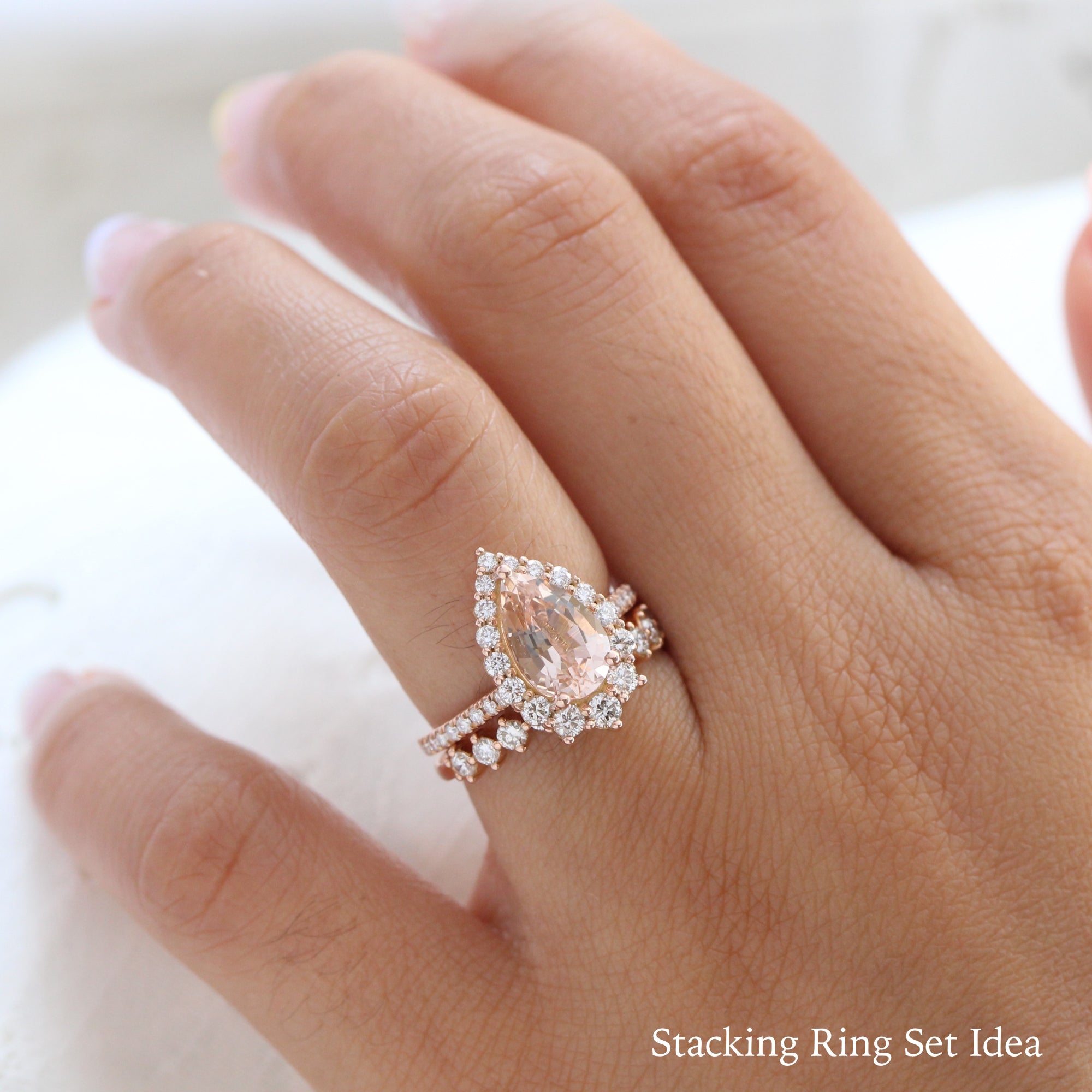 Large morganite ring rose gold halo diamond pear engagement ring la more design jewelry