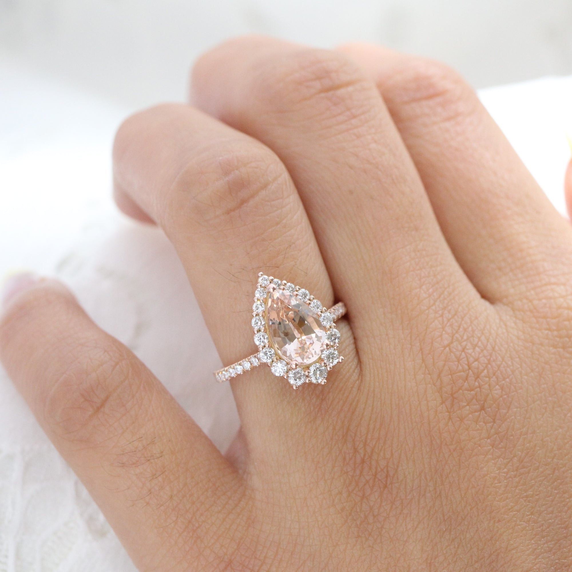Large morganite ring rose gold halo diamond pear engagement ring la more design jewelry