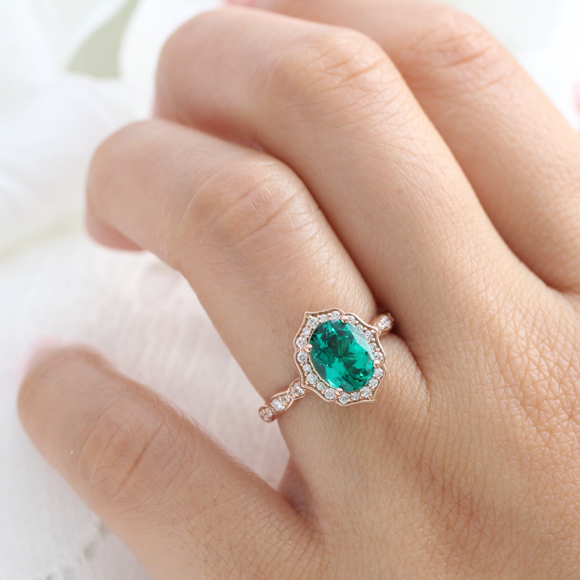 Large Oval Emerald Engagement Ring Rose Gold Vintage Halo Diamond
