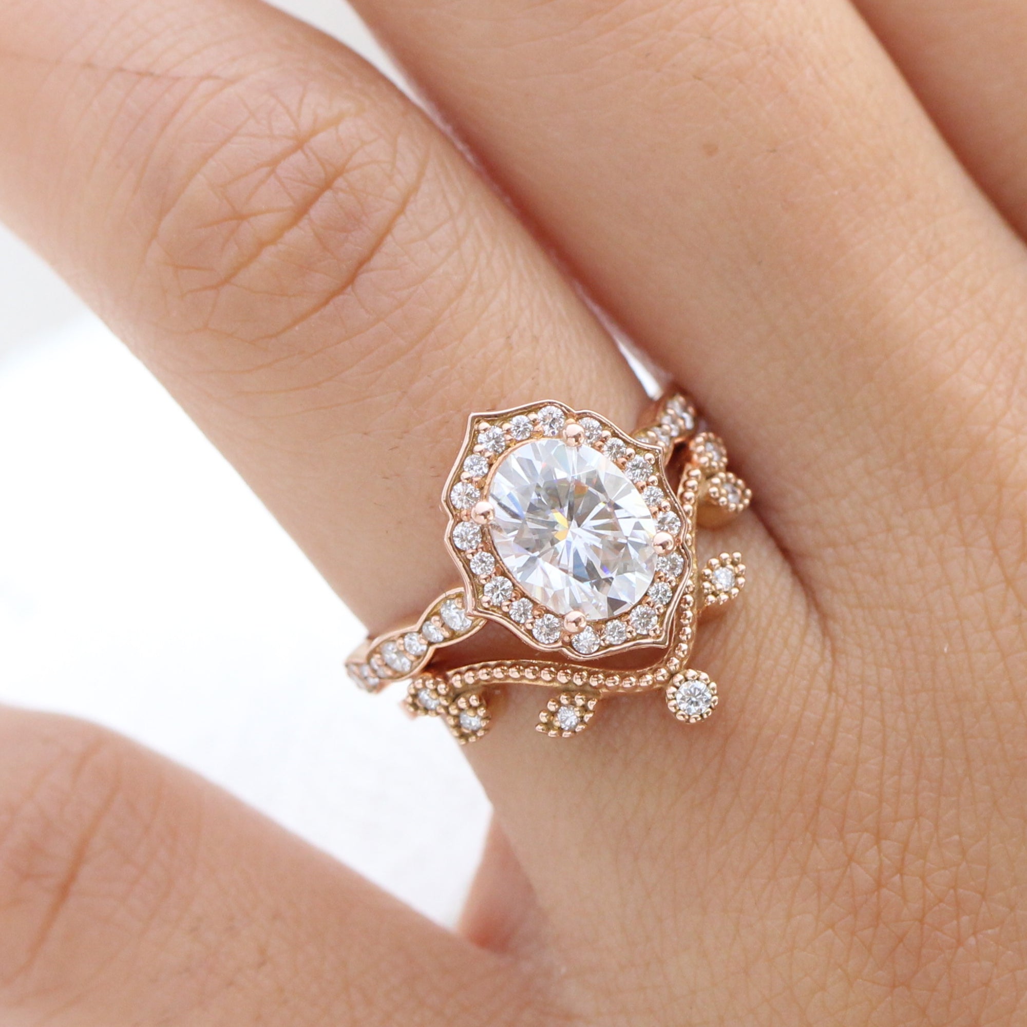 Large Oval Moissanite Ring Gold Vintage Halo Diamond Ring Leaf