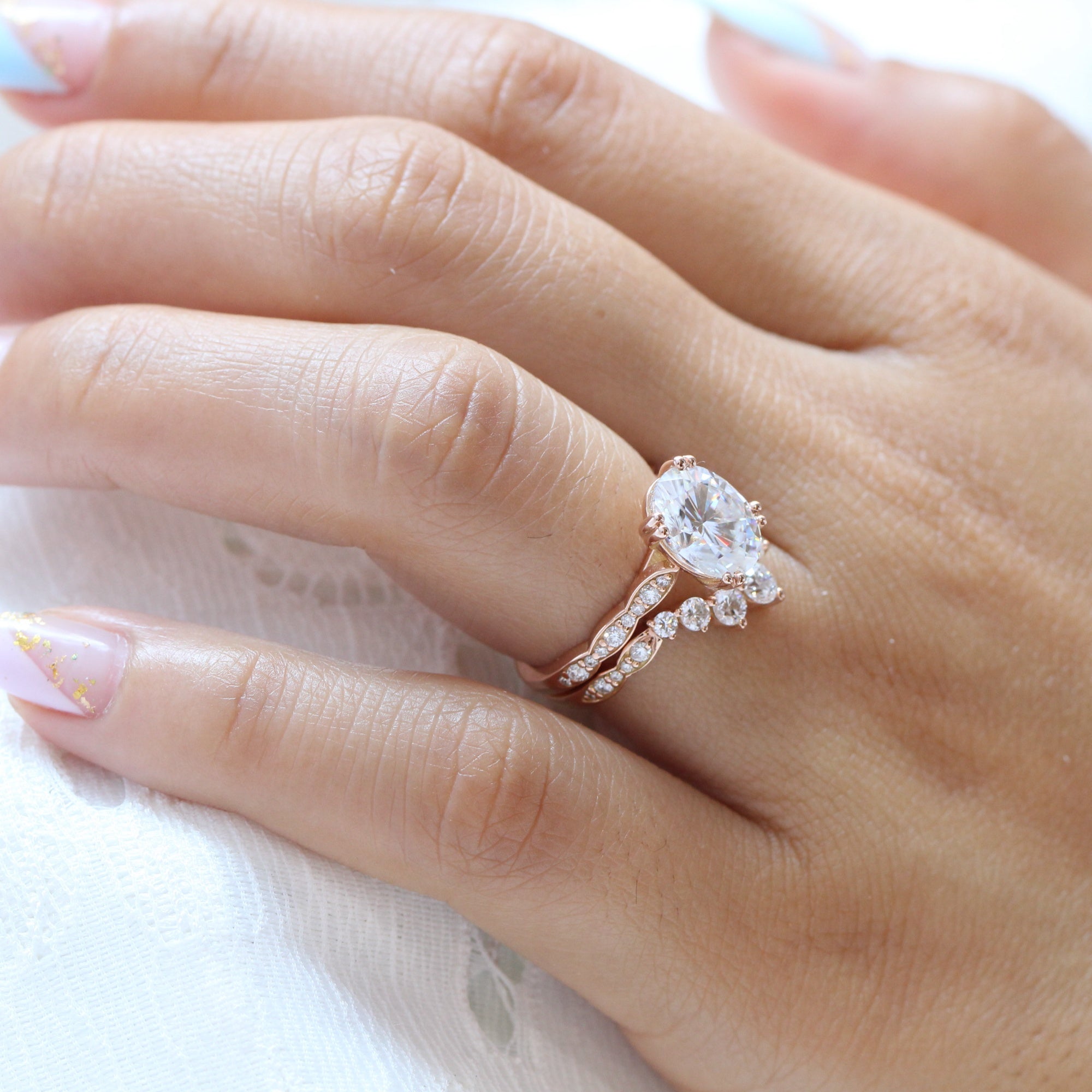 Large Moissanite Ring Gold U Shaped Diamond Wedding Ring Bridal