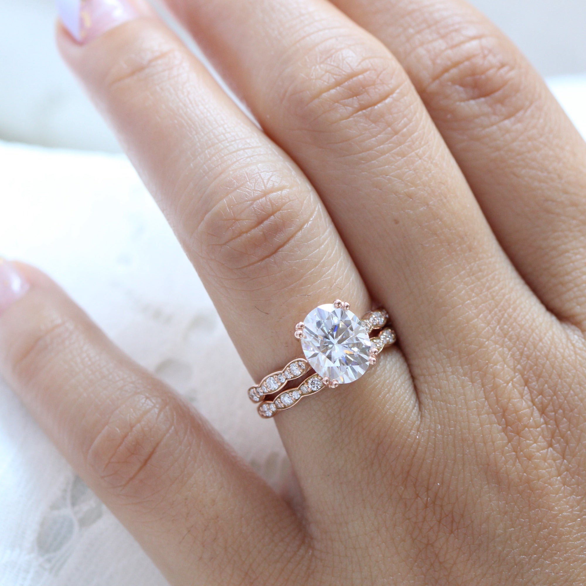 Large Moissanite Ring Rose Gold Diamond Matching Ring Set Oval