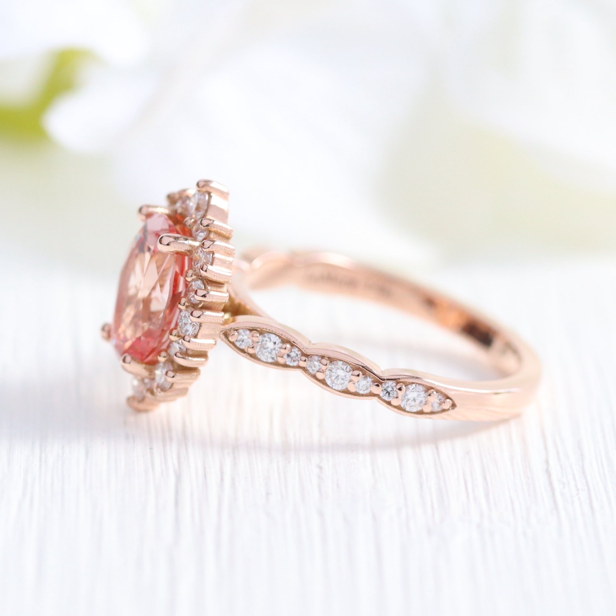 Large oval peach sapphire ring rose gold halo engagement ring la more design jewelry