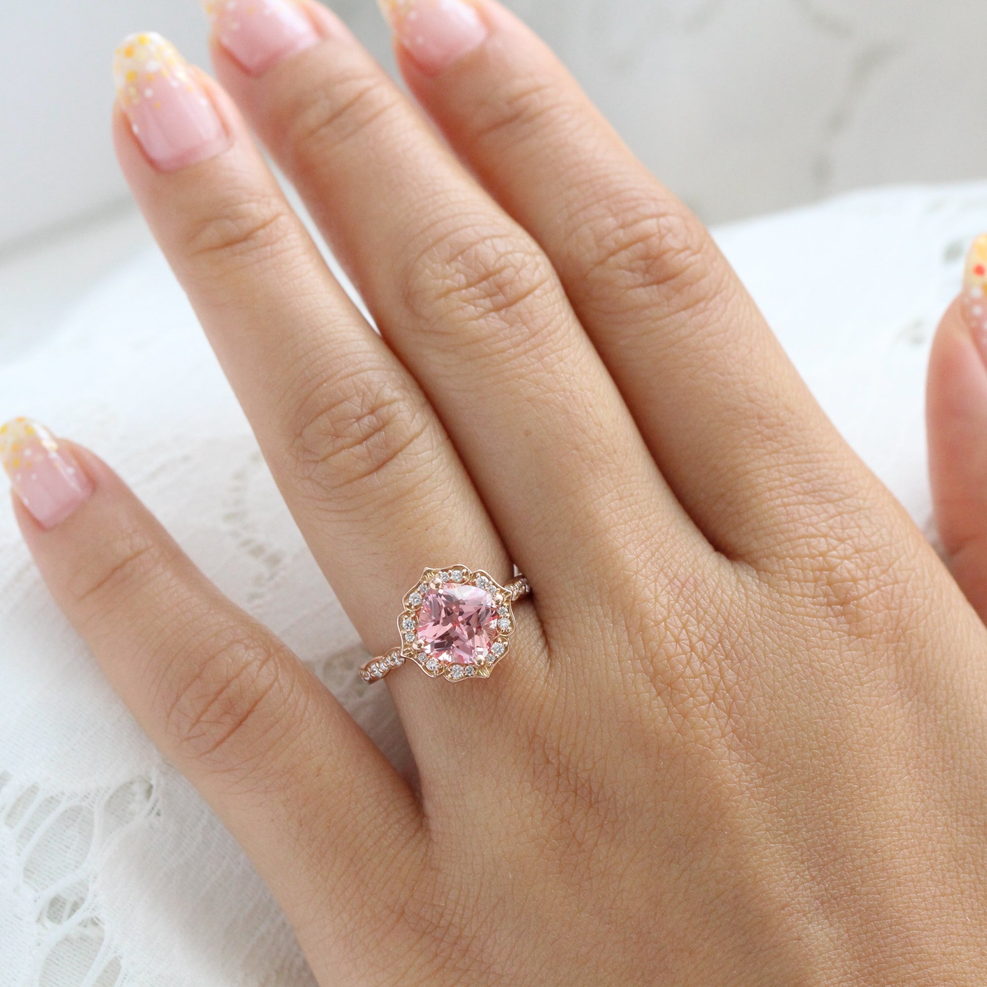 Cushion cut peach hotsell champagne sapphire ring