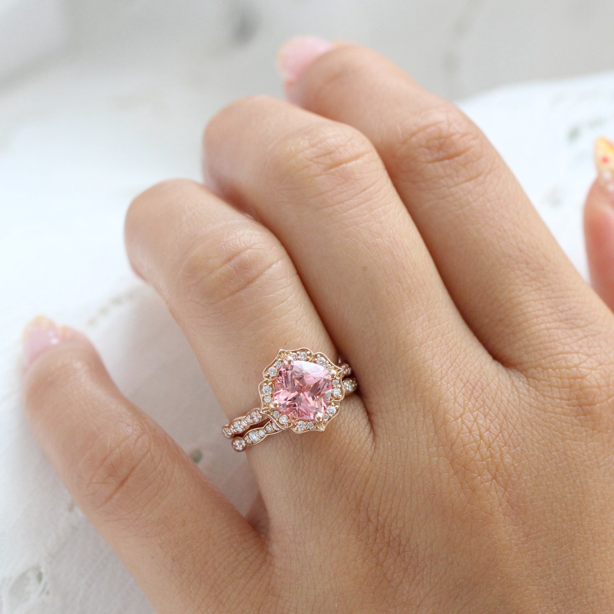 Large Peach Sapphire Ring Bridal Set Gold Vintage Halo Diamond Band
