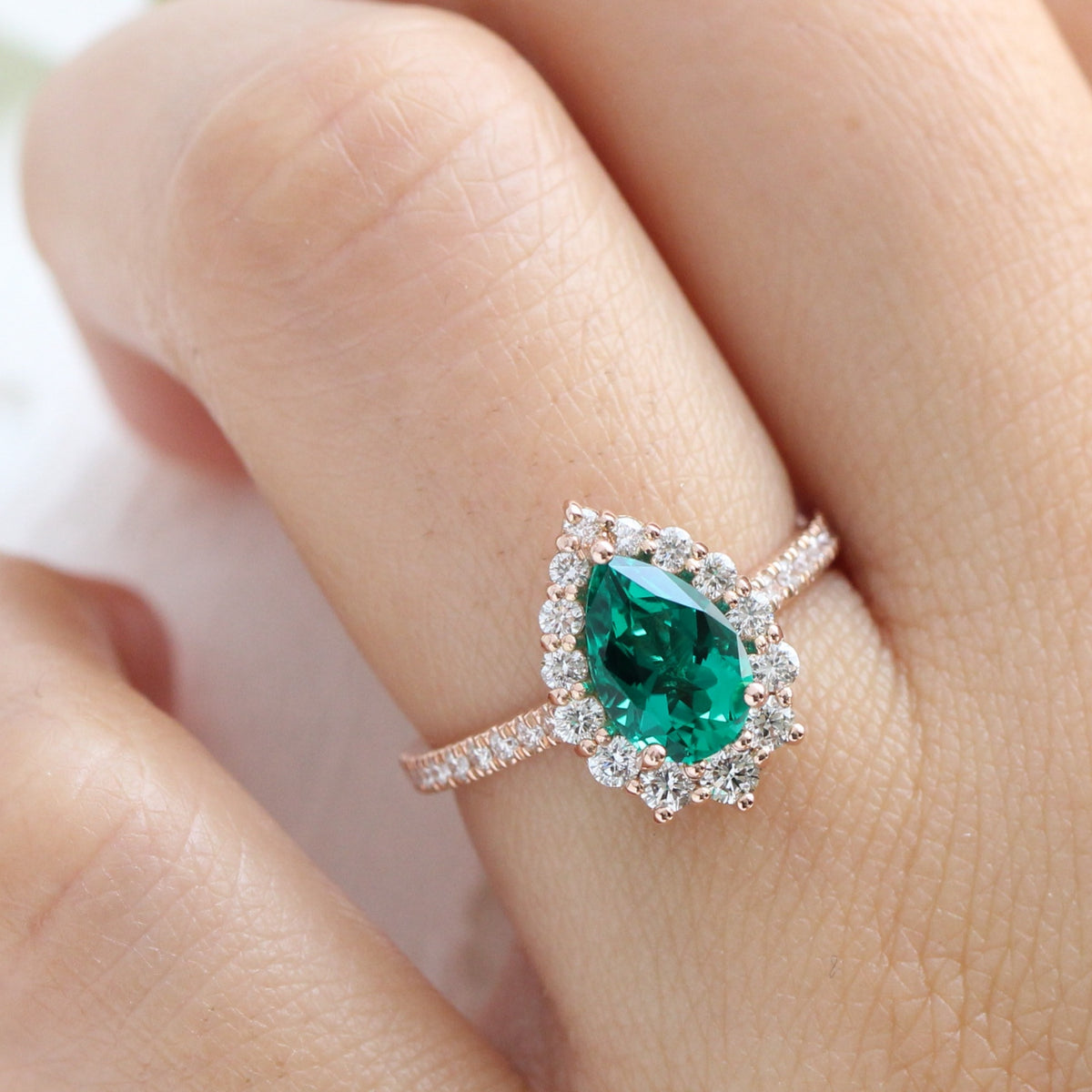 Large pear emerald ring rose gold halo diamond ring la more design jewelry