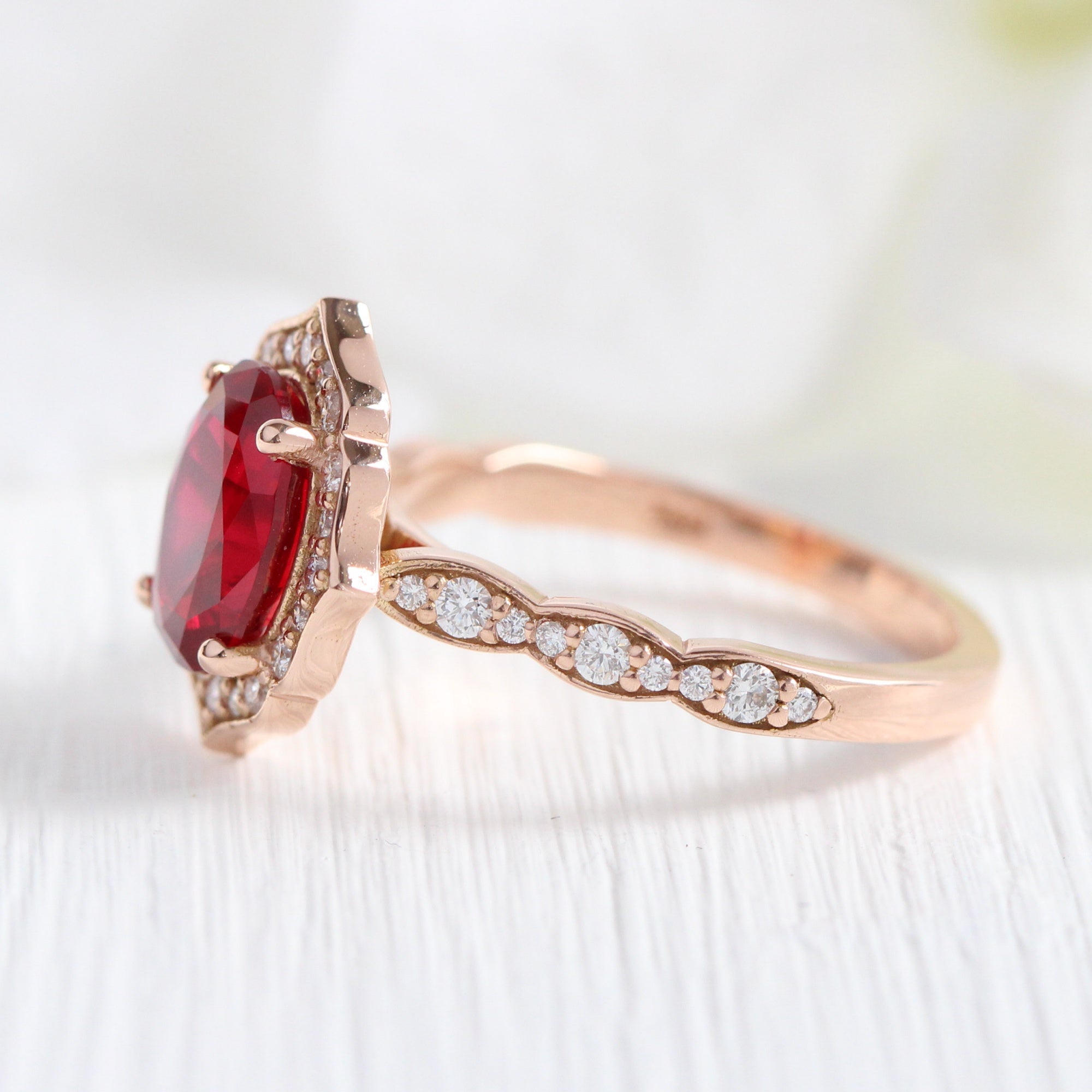 Large ruby engagement ring rose gold vintage halo diamond ruby ring la more design jewelry