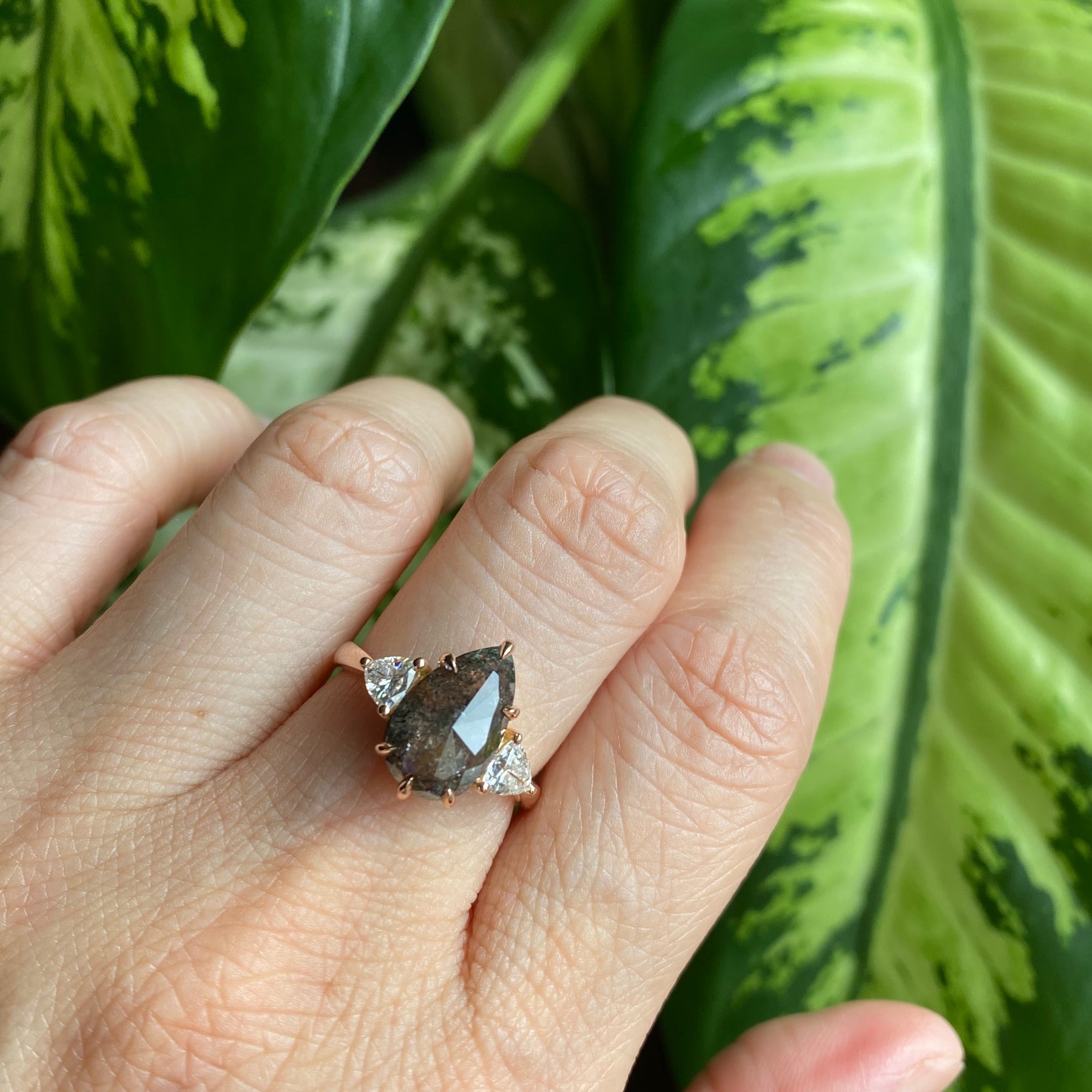 Large Salt and Pepper Diamond Engagement Ring Rose Gold Stone