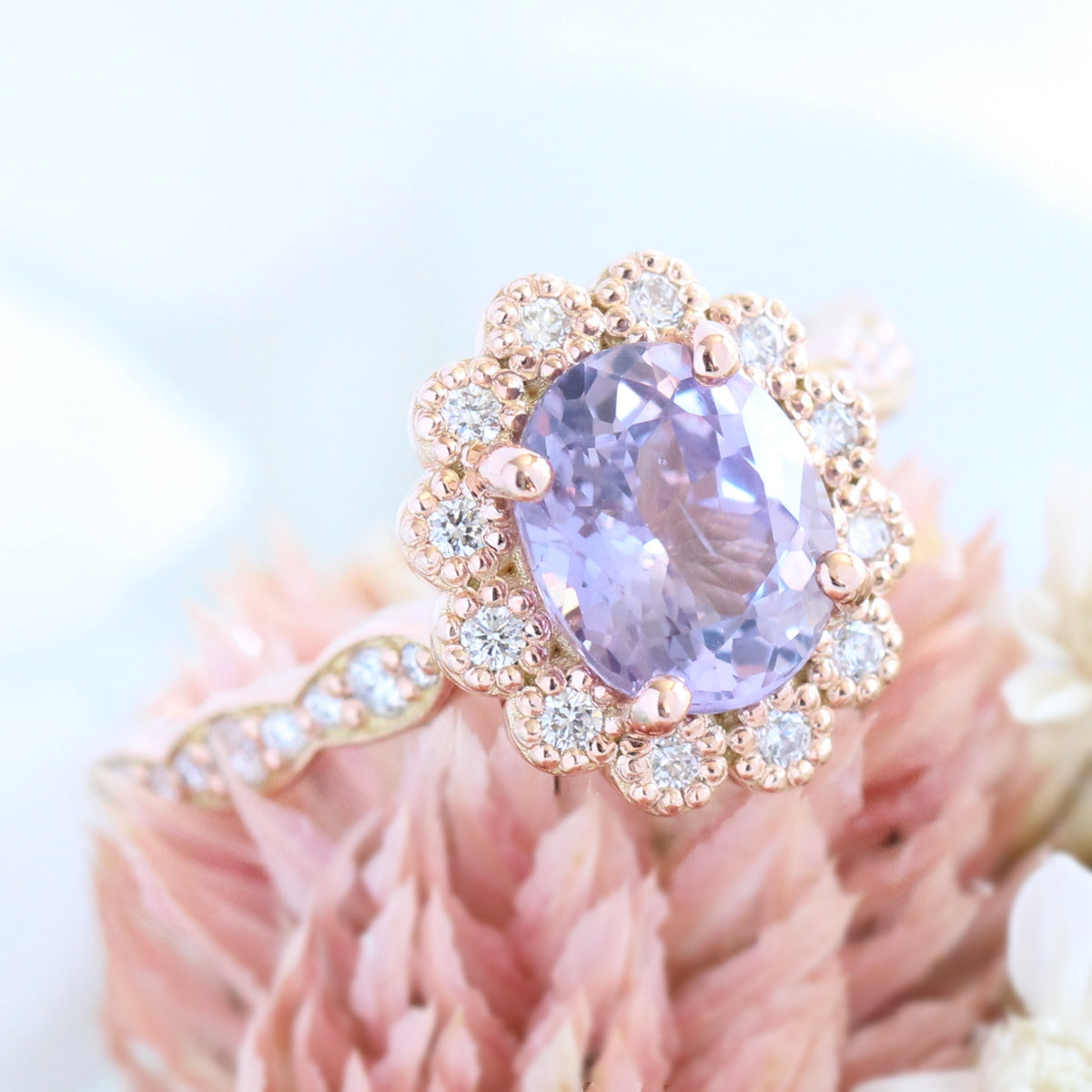Lavender Purple Sapphire Engagement Ring Rose Gold Vintage Halo Diamond Ring La More Design Jewelry