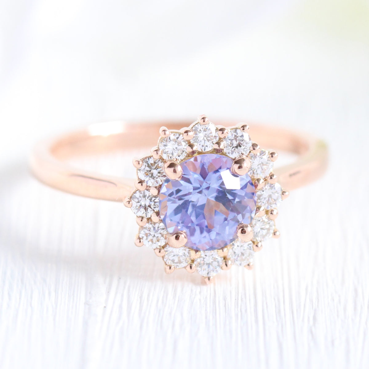 Lavender purple sapphire engagement ring rose gold in halo diamond cluster ring by la more design jewelry
