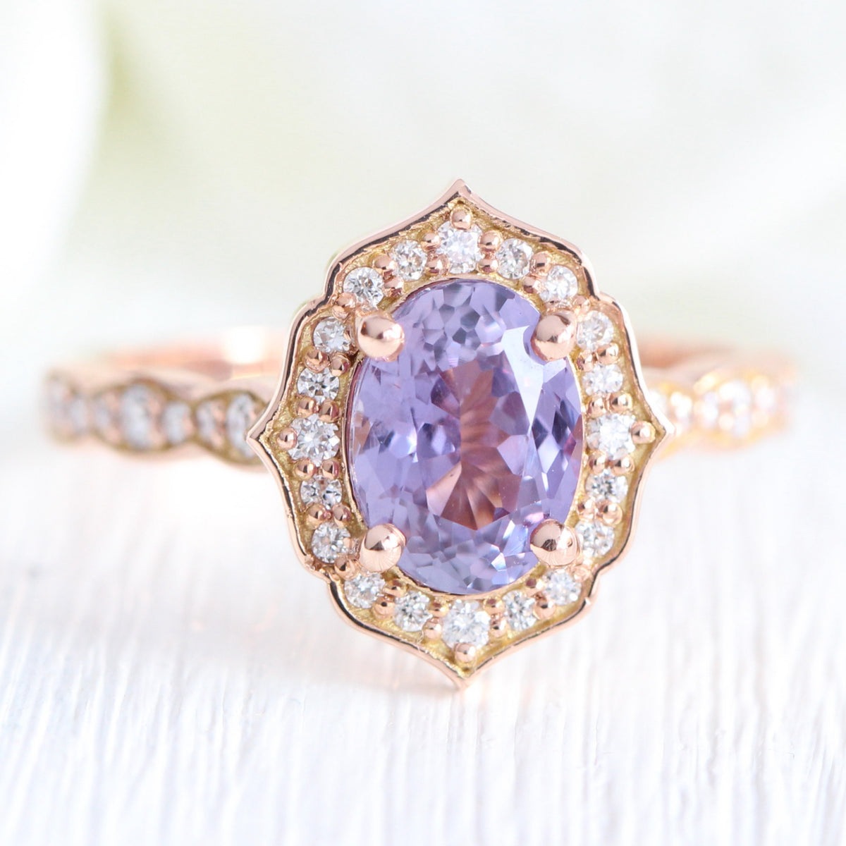 Lavender purple sapphire engagement ring rose gold vintage halo diamond ring la more design jewelry