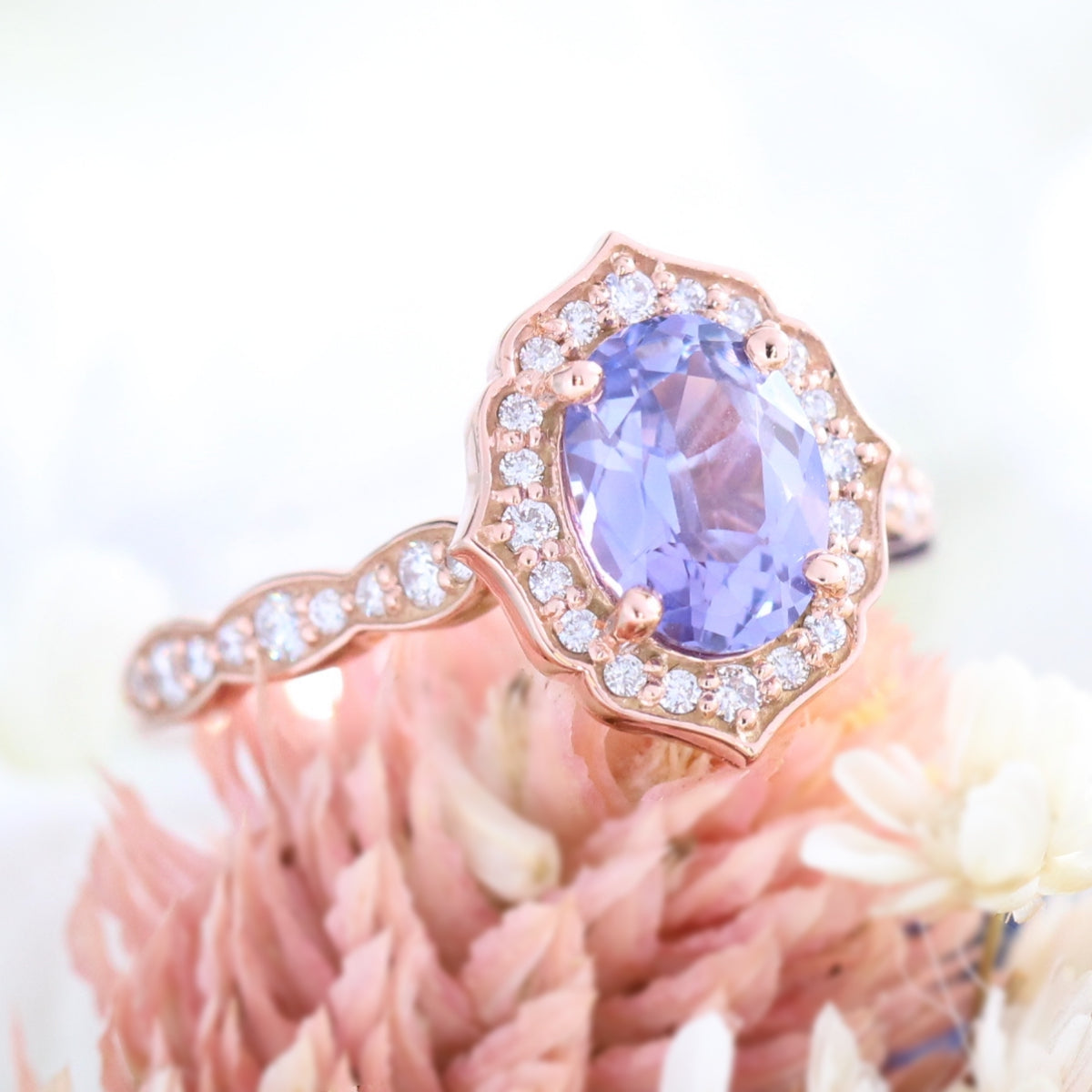 Lavender purple sapphire engagement ring rose gold vintage halo diamond ring la more design jewelry