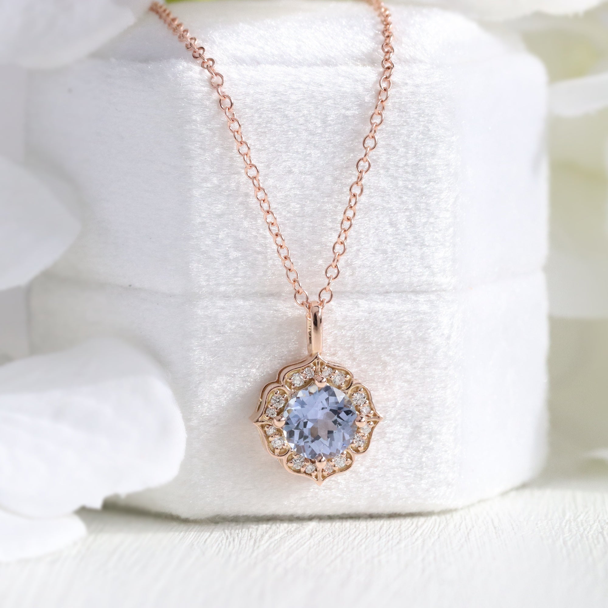 Natural Lavender Sapphire Necklace Rose Gold Halo Diamond Pendant La More Design