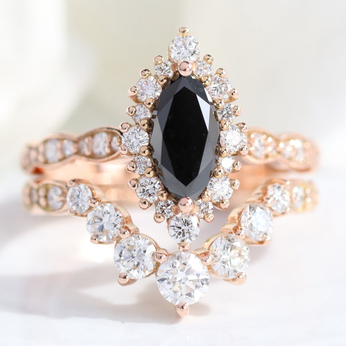 Marquise cut black diamond ring bridal set rose gold halo diamond engagement ring stack la more design jewelry