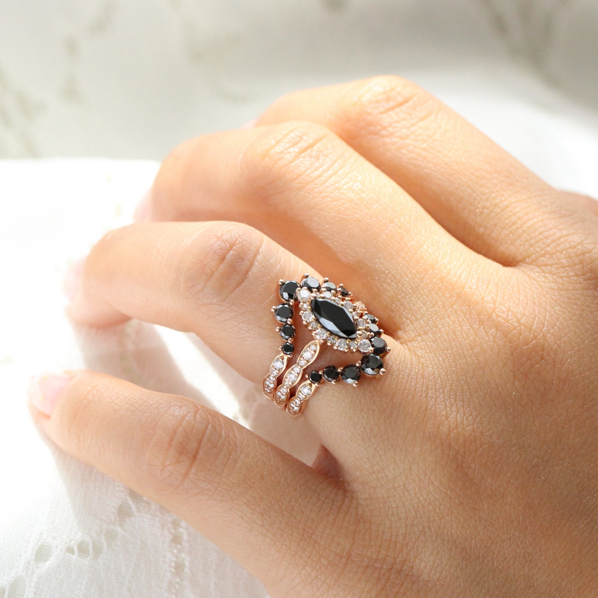Marquise cut black diamond ring bridal set rose gold halo diamond engagement ring stack la more design jewelry