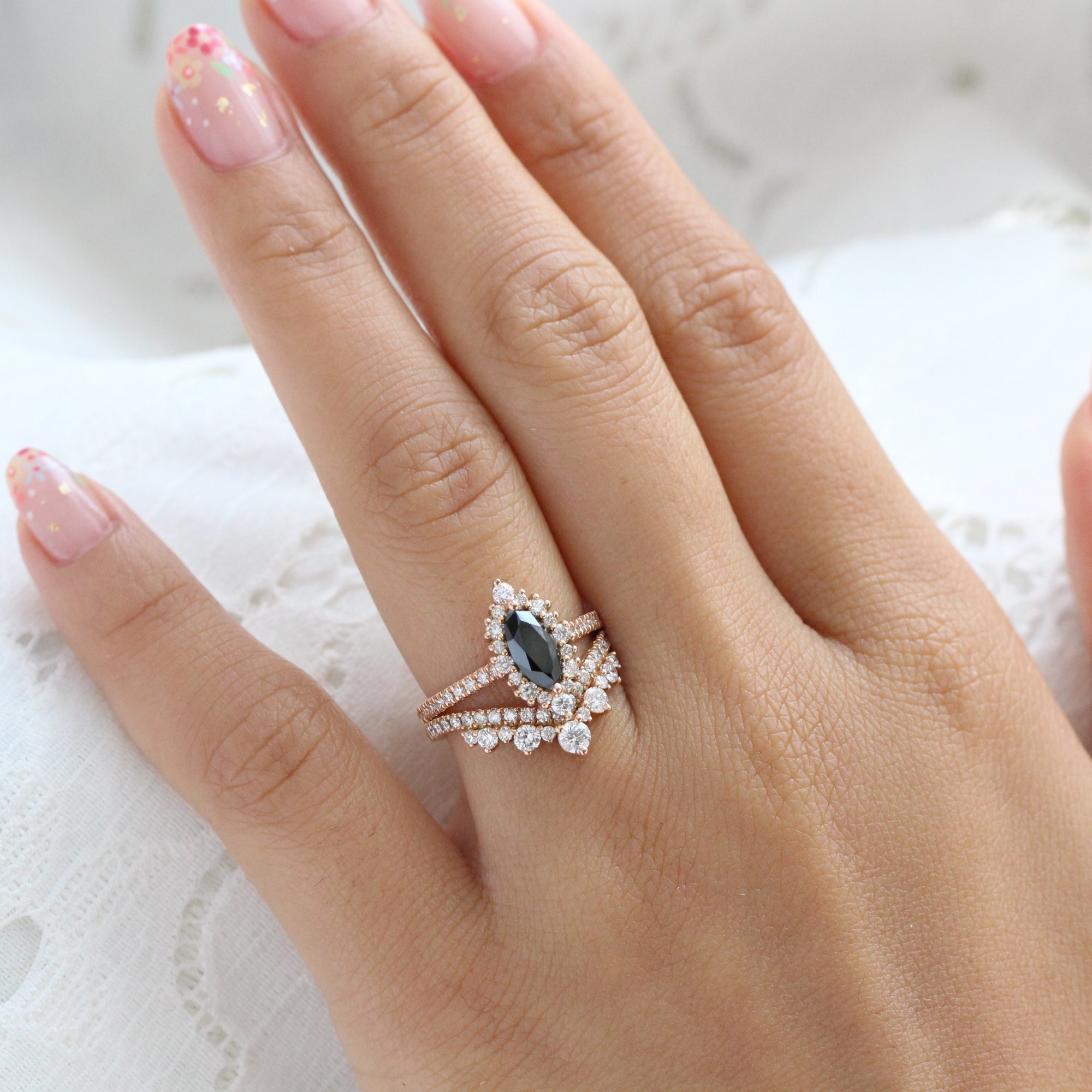 Unique Marquise Black Diamond Ring Stack Gold V Shape Wedding Band