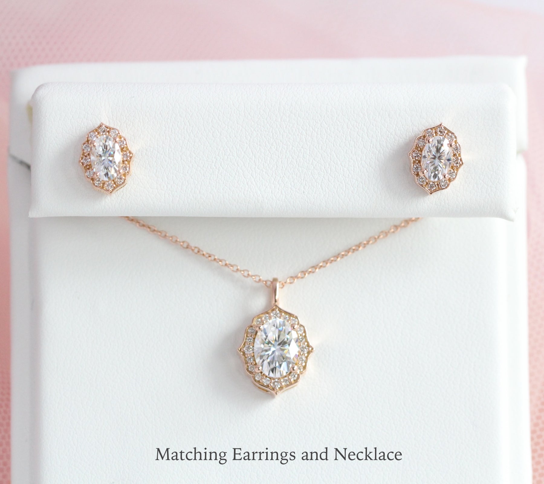 Matching Diamond Earrings and Necklace Rose Gold Wedding Jewelry Set La More Design 