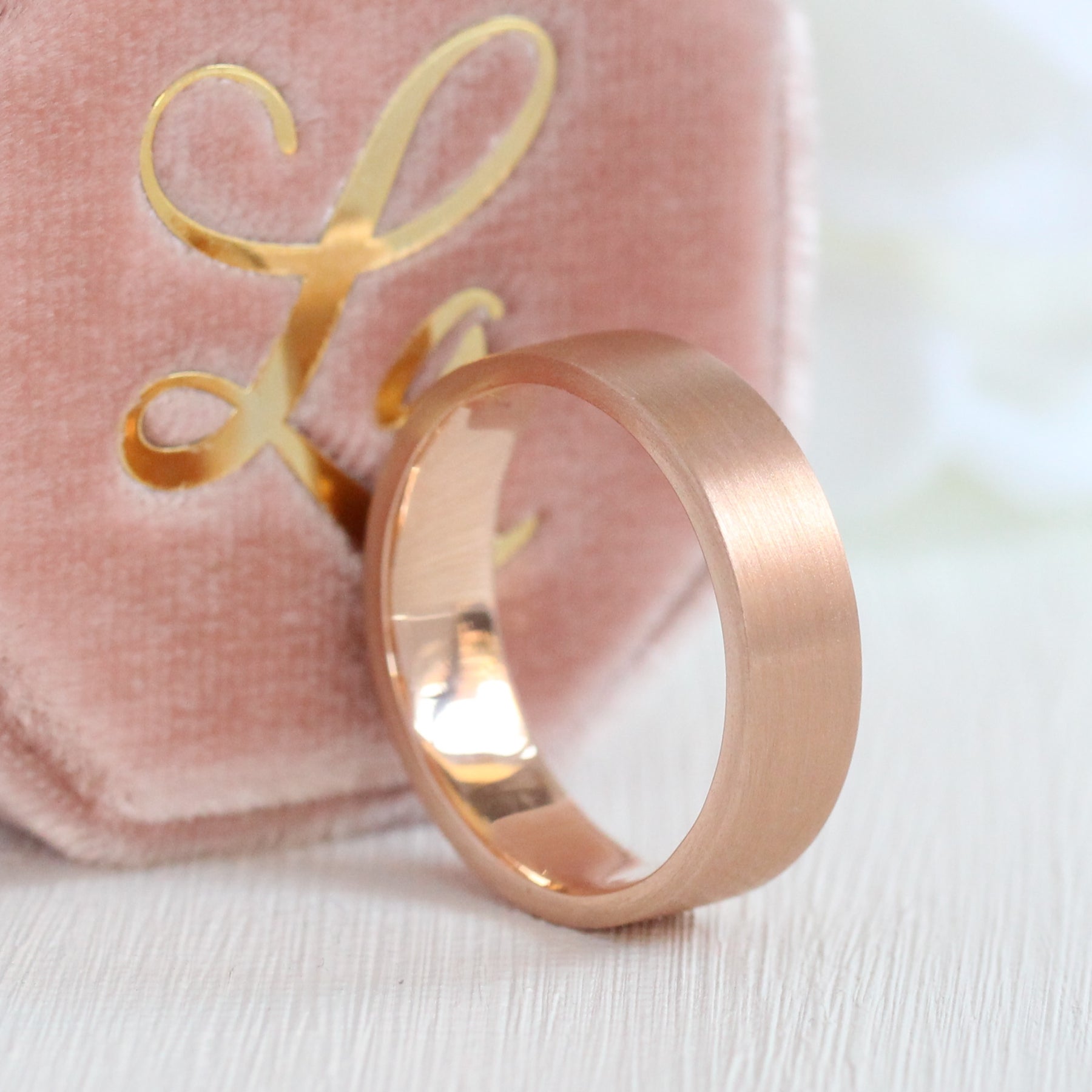 Mens wedding ring rose gold flat wedding band matte finish gold ring la more design jewelry