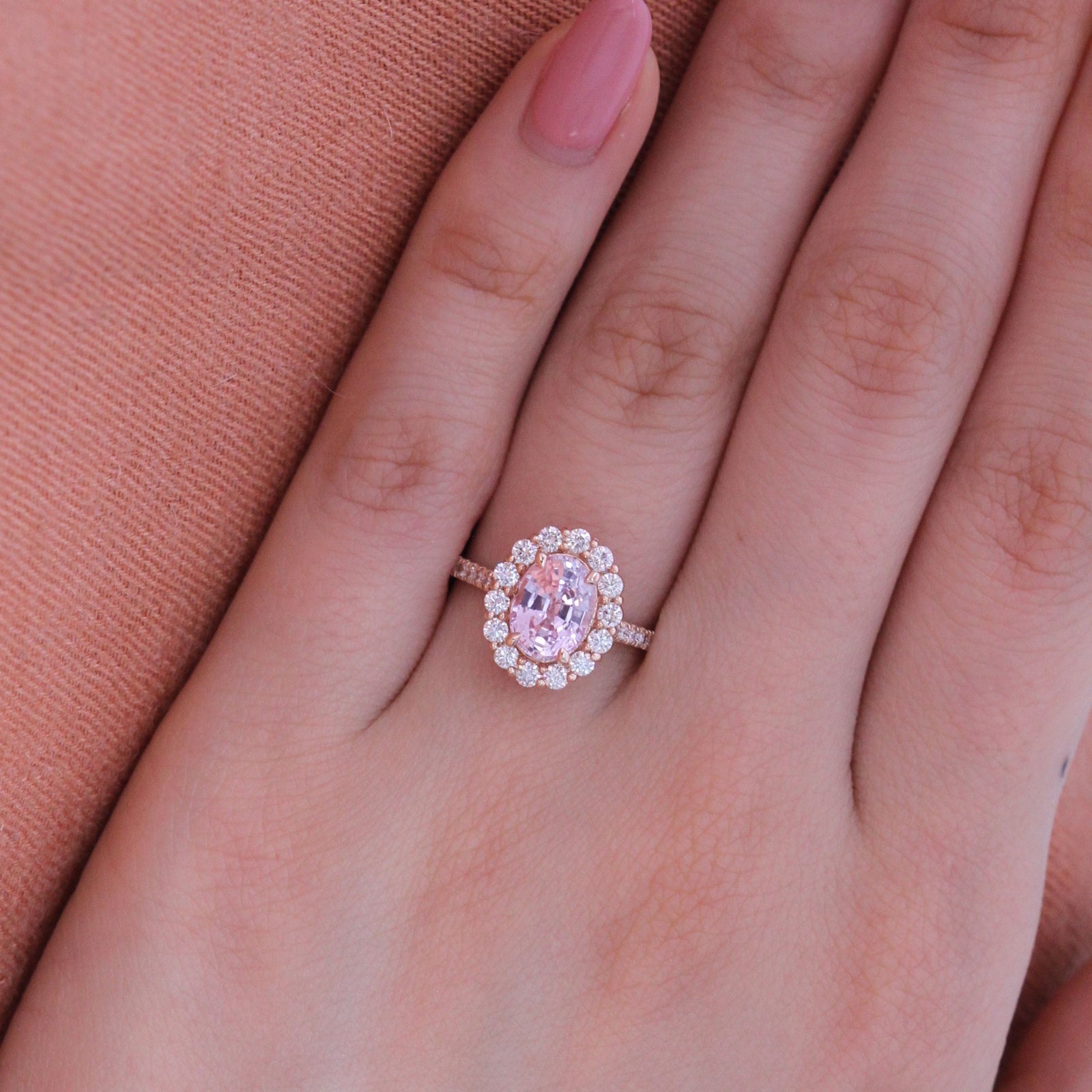 Natural Pink Sapphire Engagement Ring Rose Gold Halo Diamond Cluster