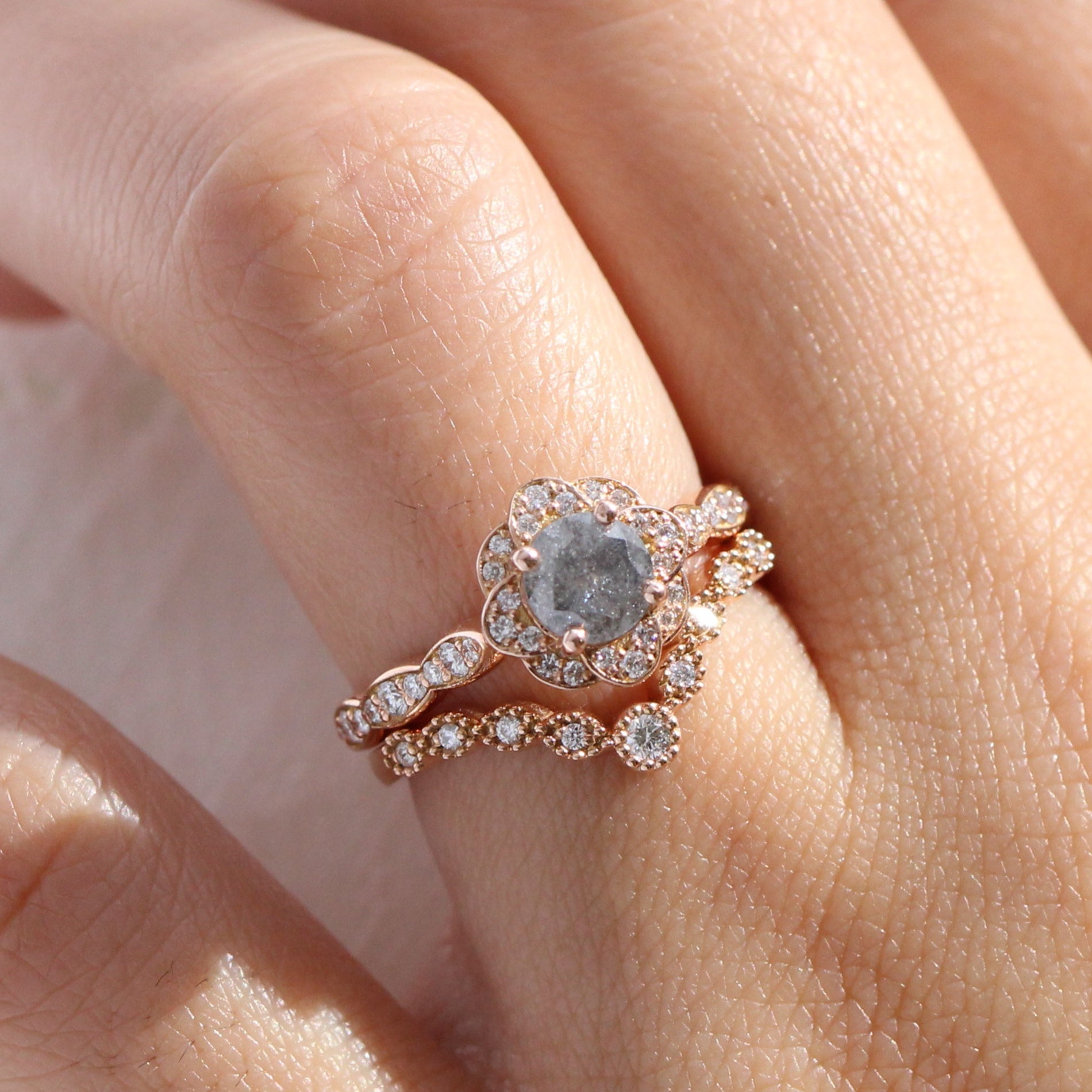 Salt and Pepper Diamond Ring Rose Gold Vintage Halo Ring Bridal