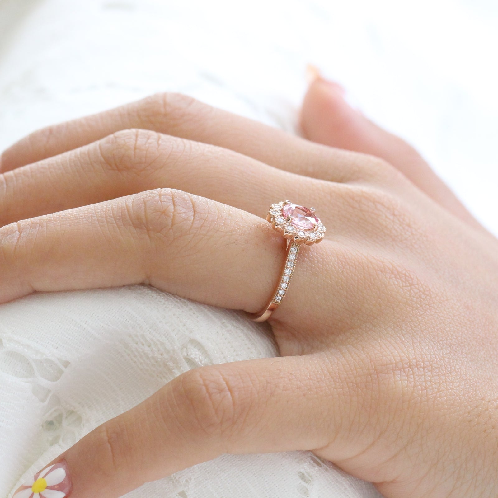 Oval Peach Sapphire Engagement Ring in Rose Gold Halo Diamond Band by La More Design Jewelry