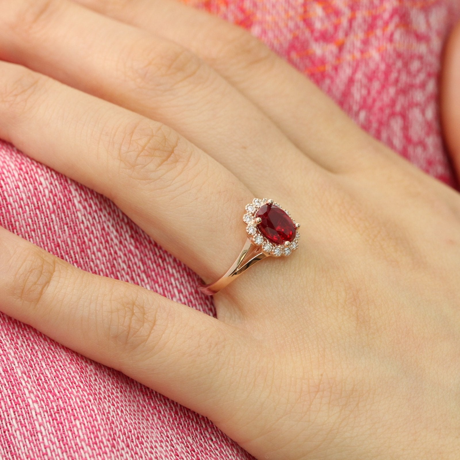 Oval Ruby Engagement Ring Rose Gold Vintage Style Halo Diamond Band