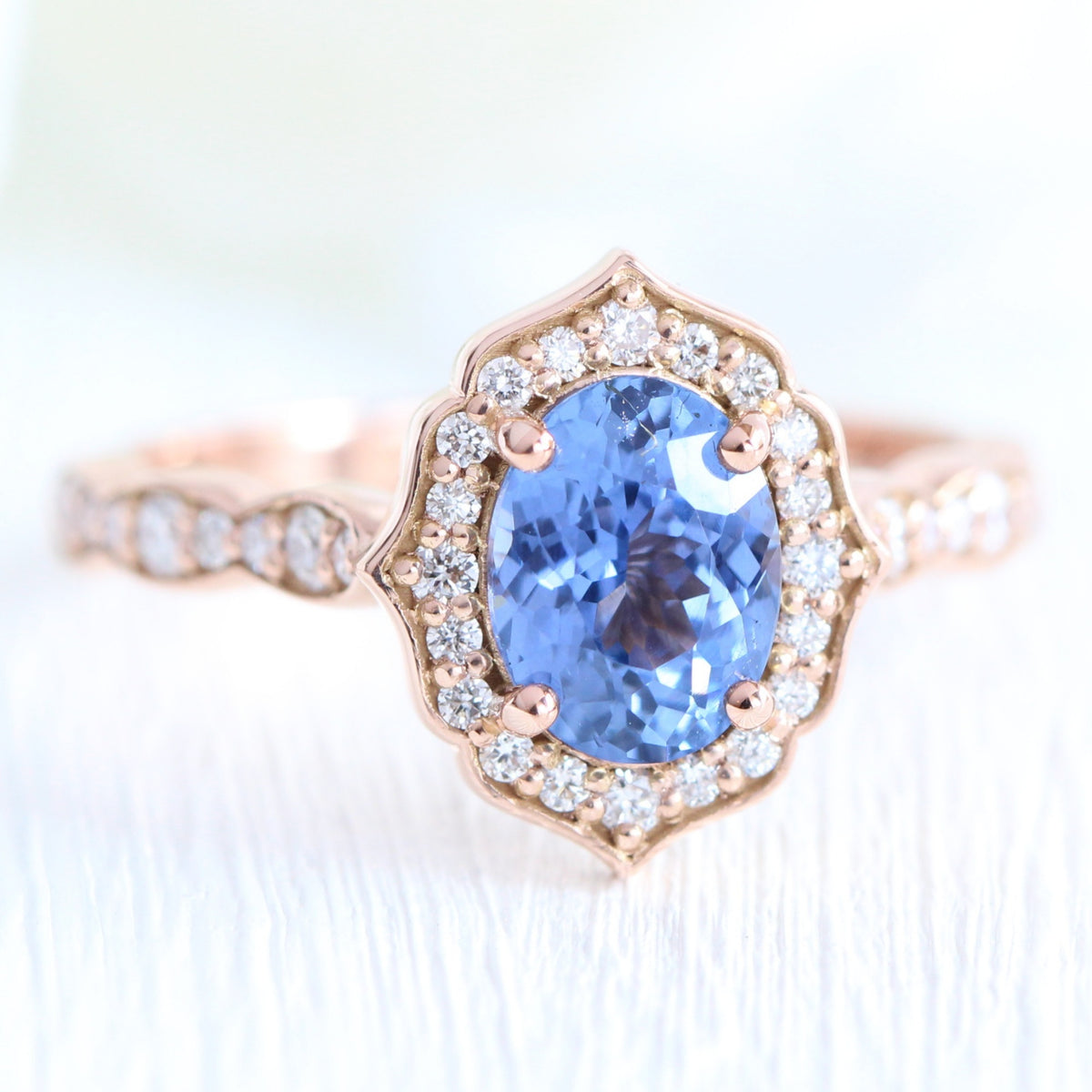 Oval aqua blue sapphire ring rose gold vintage halo diamond ring la more design jewelry