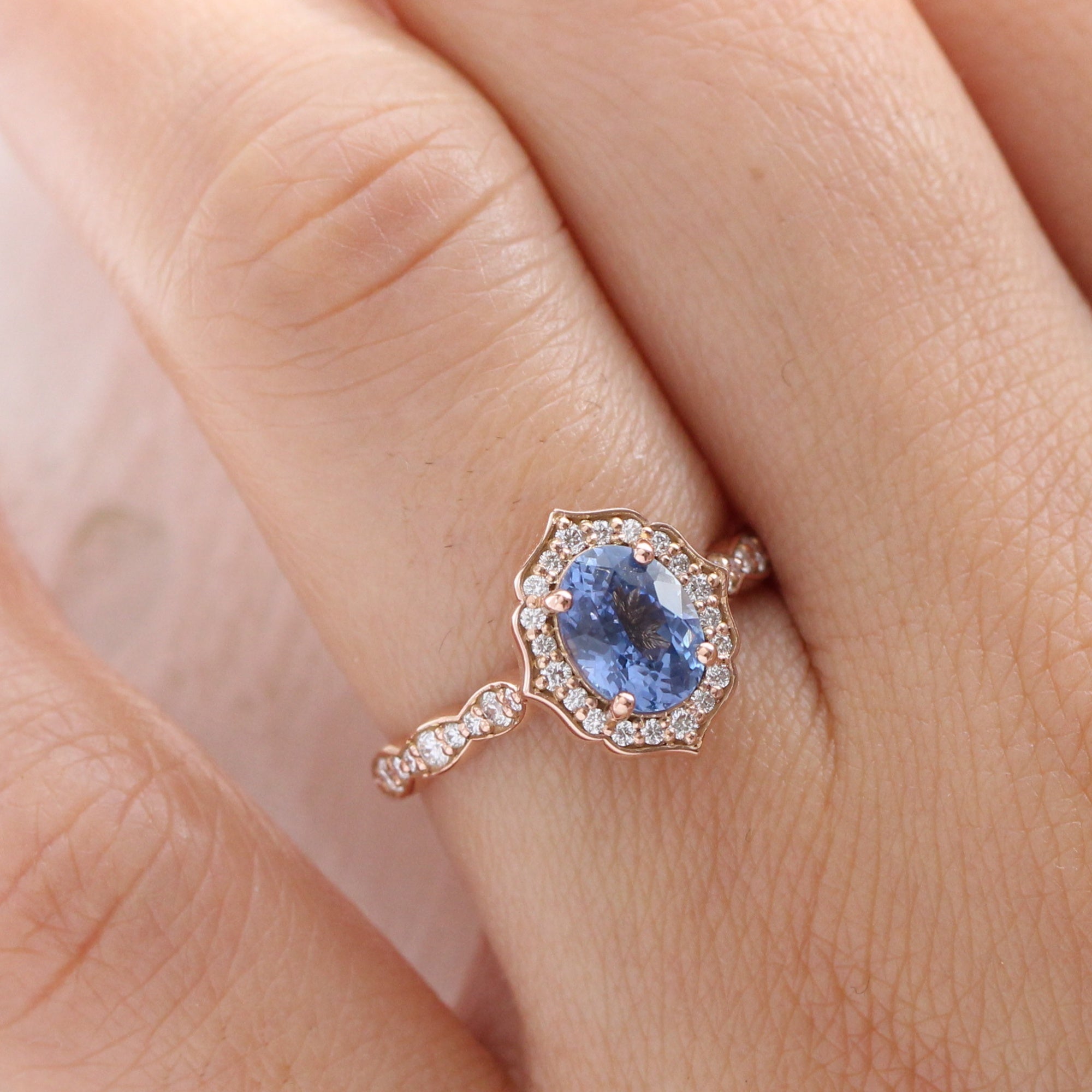 Rare Oval Sapphire Engagement Ring Rose Gold Vintage Halo Diamond