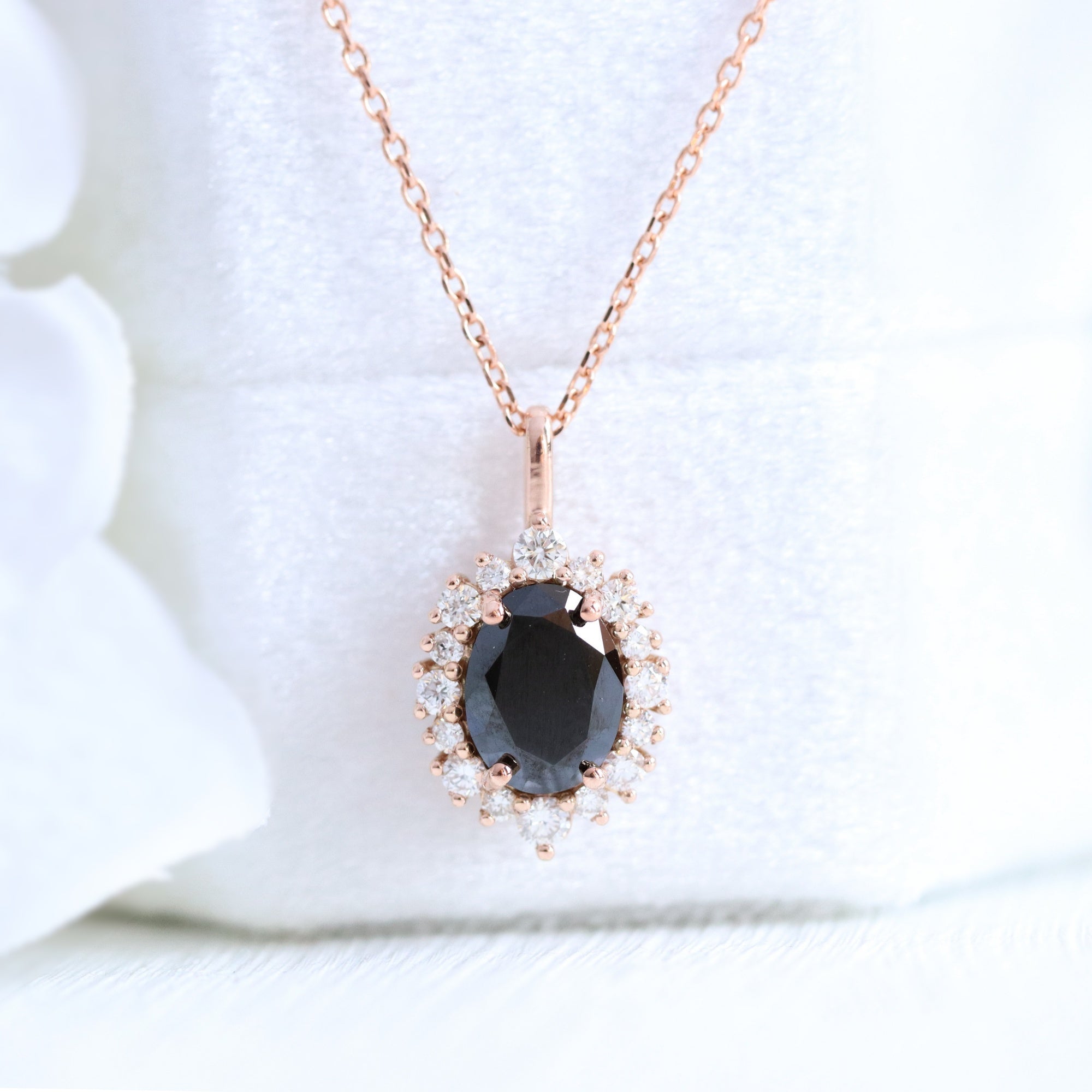Oval Black Diamond Necklace Rose Gold Halo Diamond Pendant Chain