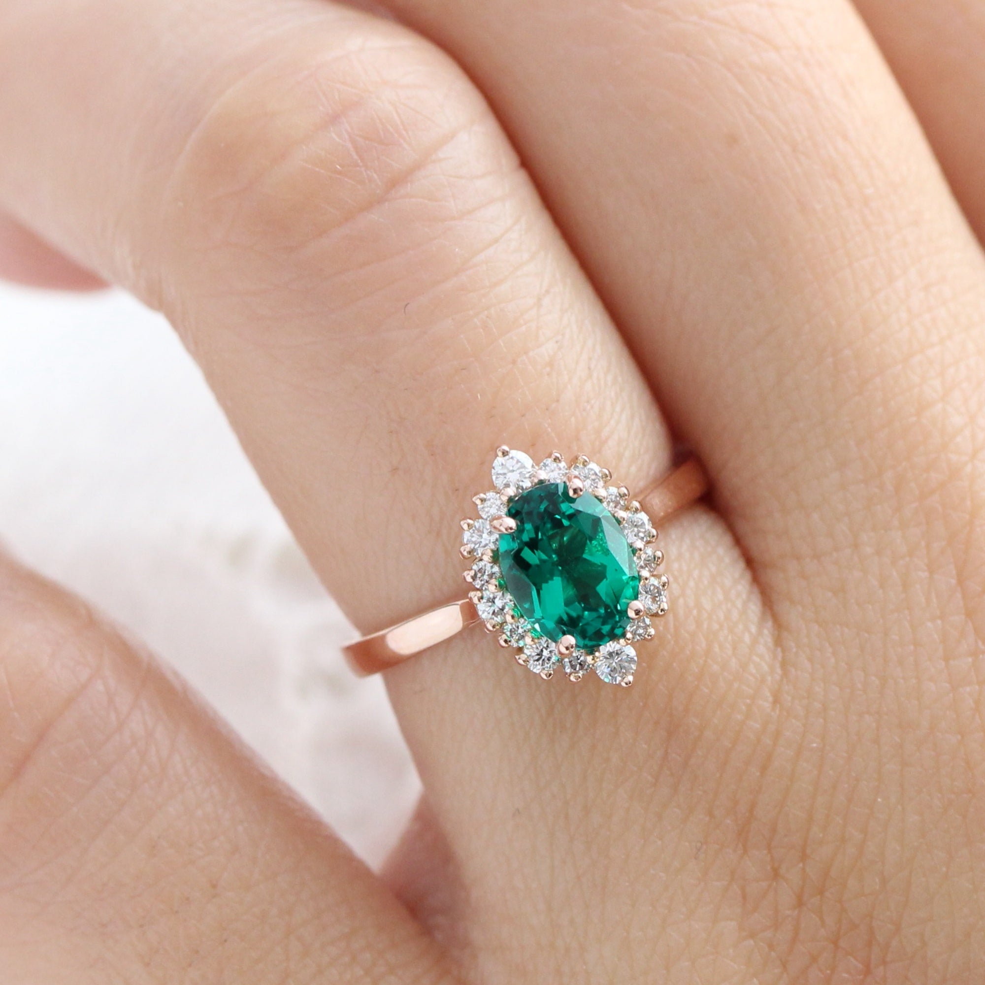 Oval Emerald Engagement Ring Rose Gold Halo Diamond Ring Cluster